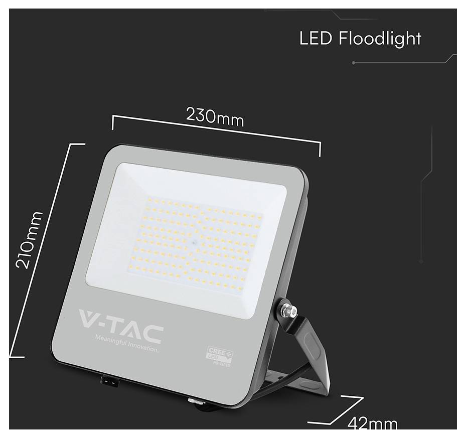 En rektangulär LED-strålkastare med dimensionerna 230 mm bred och 210 mm hög, utrustad med ett stativ och märkt 'V-TAC' och 'Samsung'.
