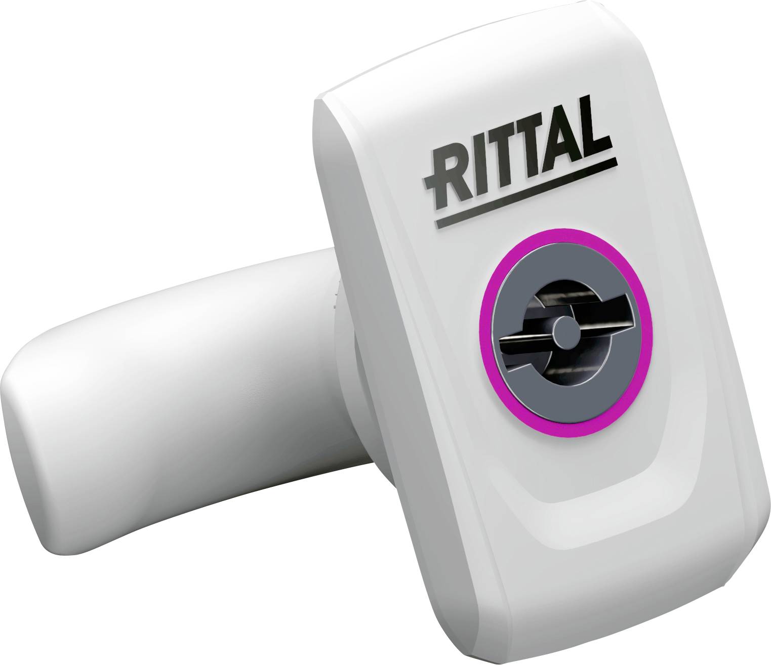 En vit Rittal-märkt låshandtag med ett cirkulärt nyckelhål, med en elegant design.