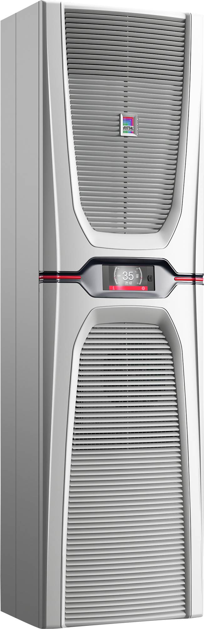 En hög, smal luftkonditioneringsenhet med en digital display som visar '85'. Designen har vertikala ventiler och en böjd panel.