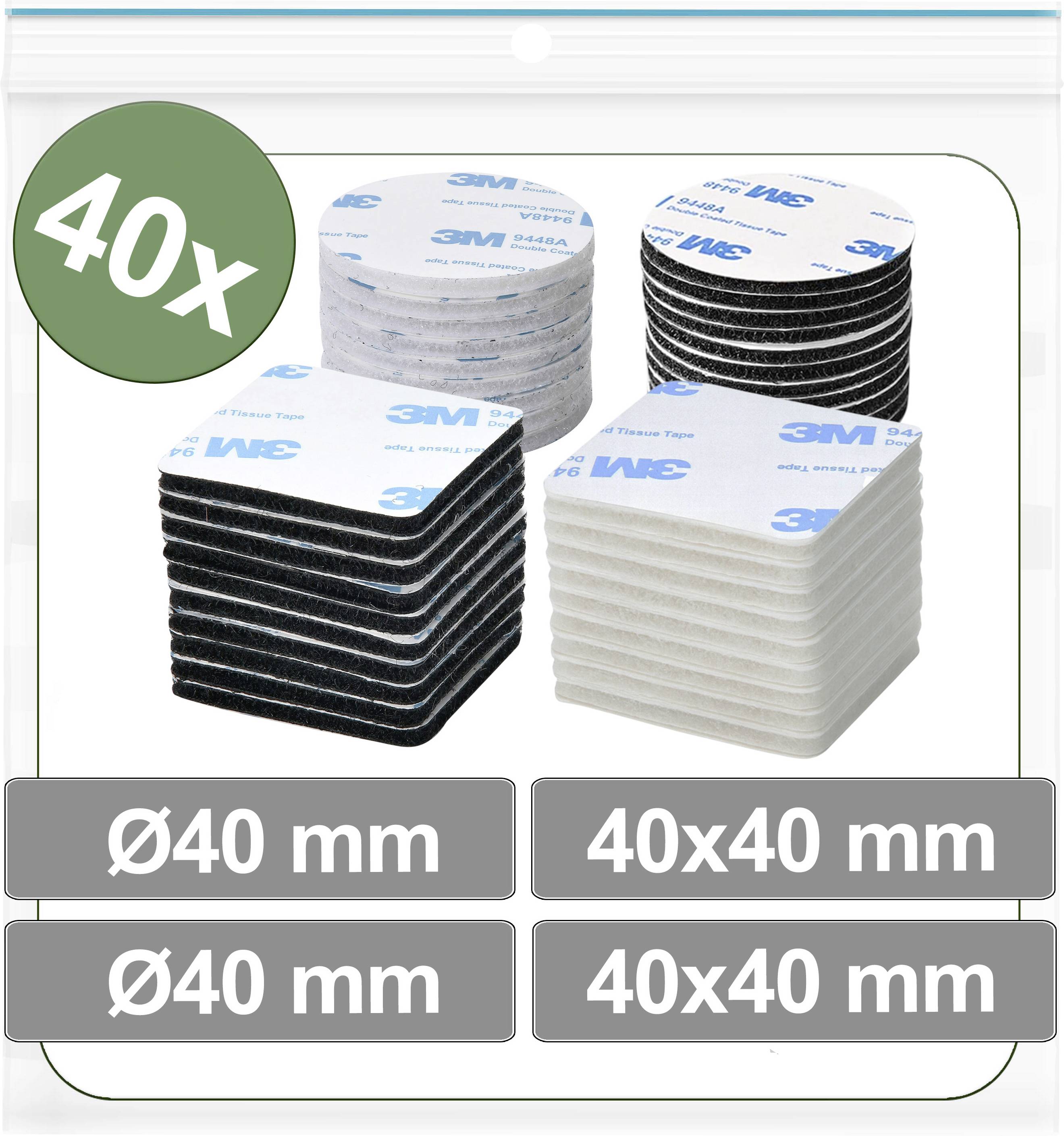 Förpackning med 40 häftande kuddar i olika storlekar och färger, inklusive runda och fyrkantiga alternativ, med 3M-märkning.