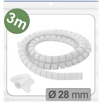 3 meters längd, 28 mm diameter' vit spiralkabelslang lindad inuti en transparent förpackning, med en grön etikett som visar '3m'.