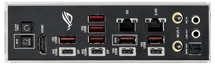 Ett datormoderkorts bakre I/O-panel med USB-portar, HDMI, DisplayPort, Ethernet, Wi-Fi antennkontakter och ljuduttag, märkta med ikoner.
