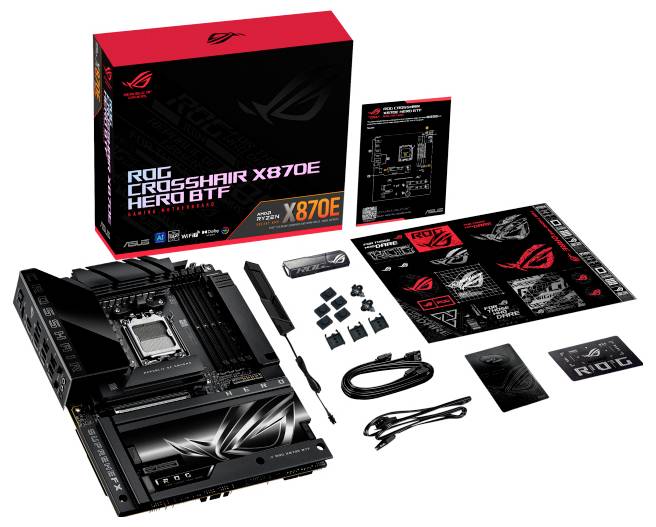 Bild som visar ASUS ROG Crosshair X670E Hero moderkort med förpackning och olika komponenter, inklusive kablar och installationsguide.