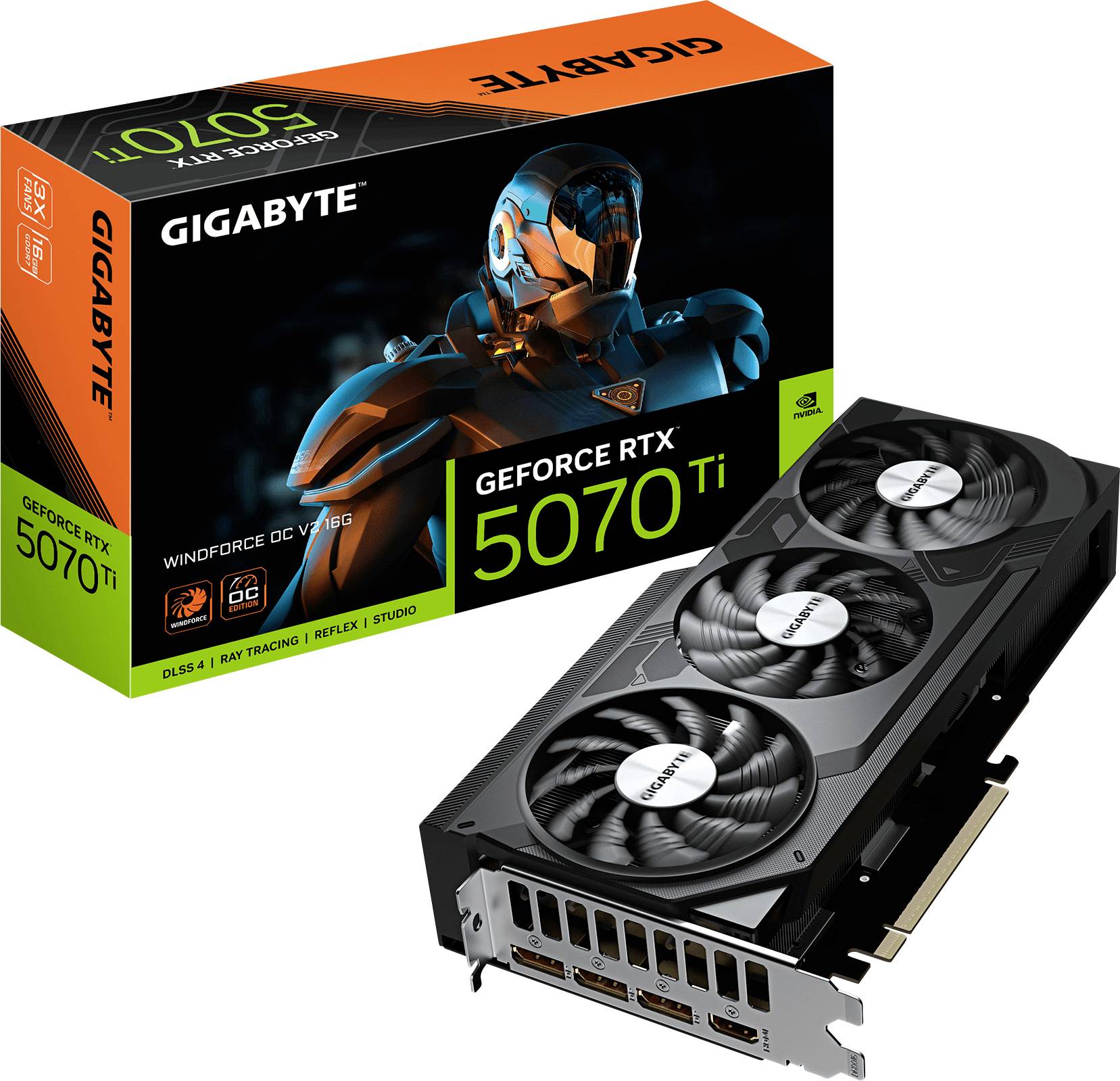 En Gigabyte GeForce RTX 5070 Ti grafikkorts förpackning med en robotbild visas bredvid själva grafikkortet med tre fläktar.