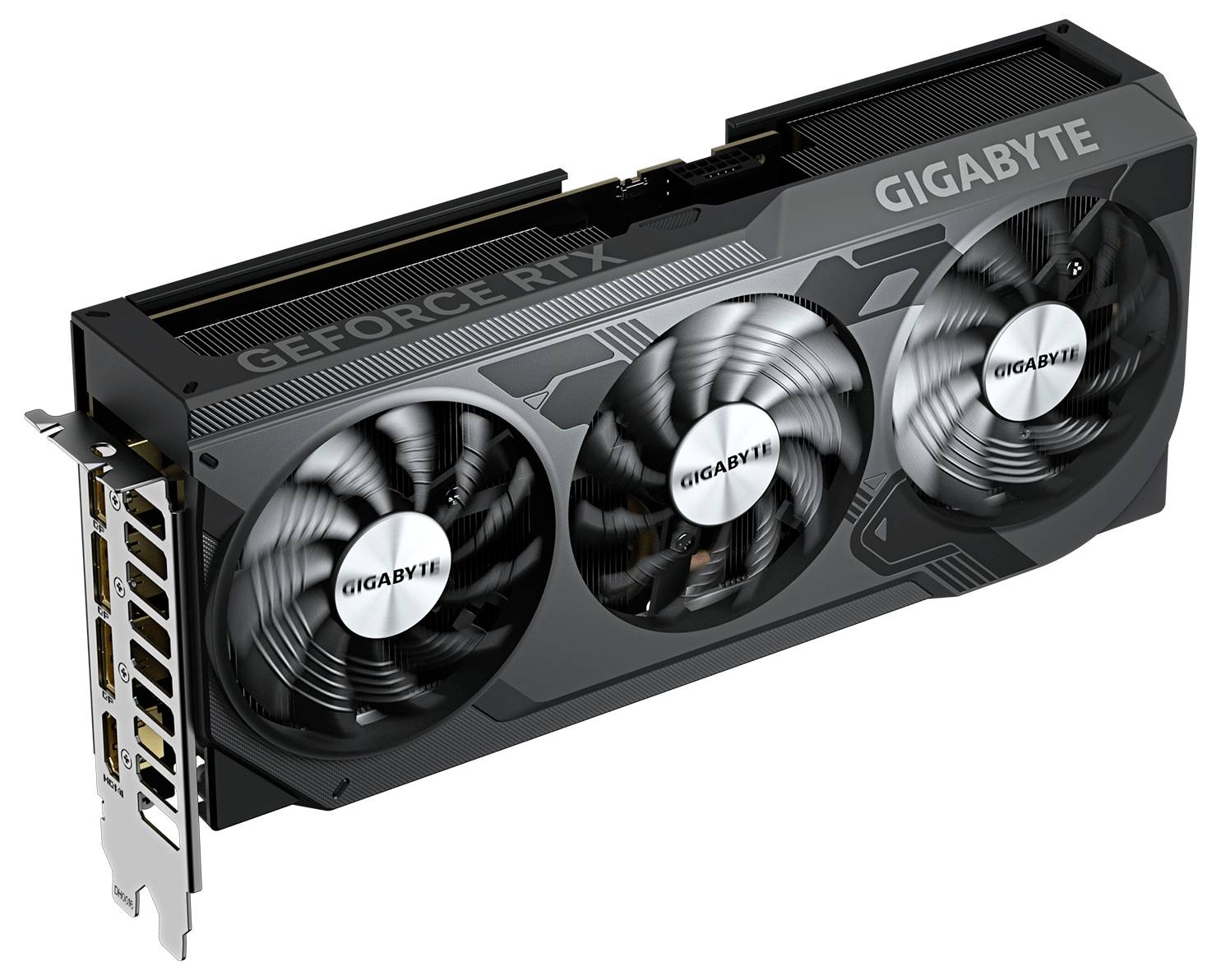 Ett Gigabyte-grafikkort med tre kylningsfläktar och 'Geforce RTX'-etikett, designat för högoktanig dataspelning och grafiska uppgifter.
