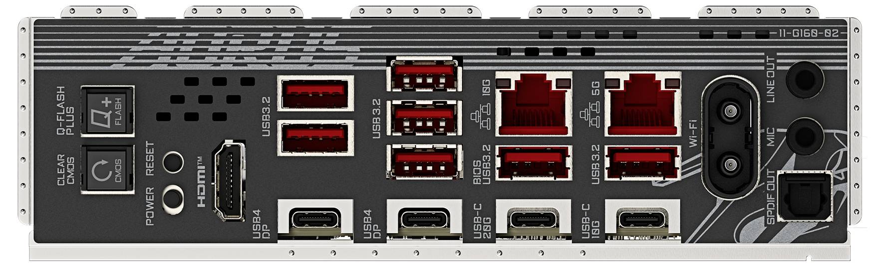 Baksida av ett moderkort med olika portar inklusive USB (röda och svarta), Ethernet, HDMI och ljuduttag.