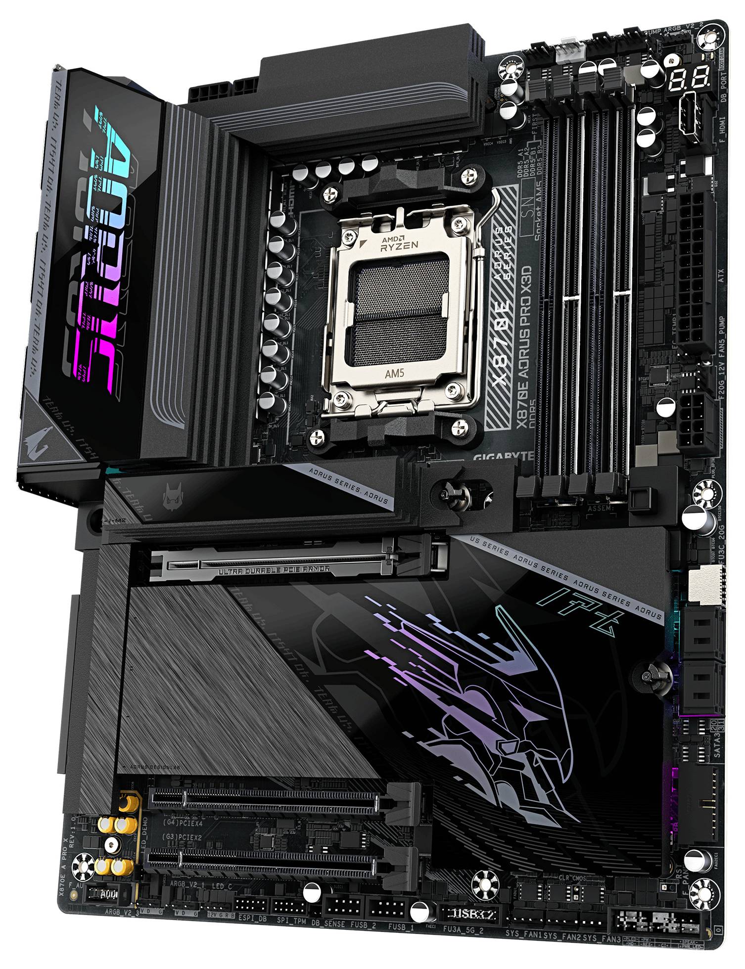 Ett svart och grått Aorus-moderkort med RGB-belysning, fyra RAM-platser, flera PCIe-platser och en LGA-sockel för en AMD Ryzen-processor.