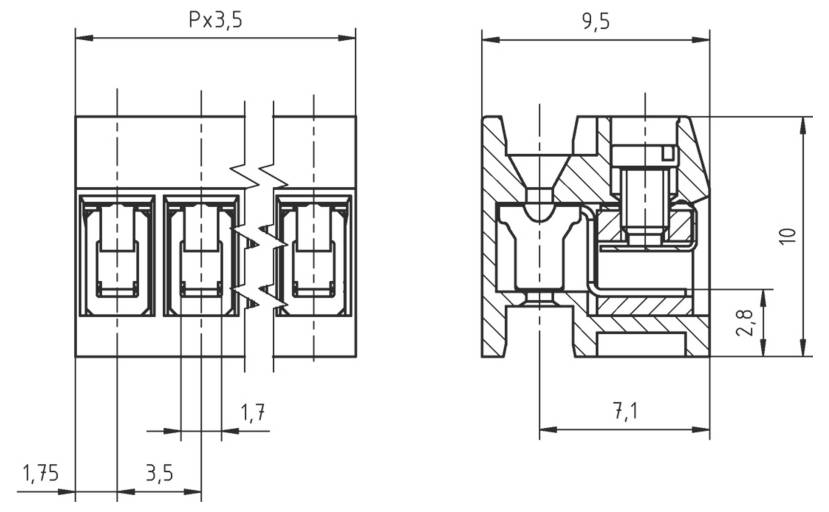Teknisk ritning av en kontakt med dimensioner: bredd 9,5 mm, höjd 10 mm och djup 7,1 mm. Visar interna och externa detaljer.