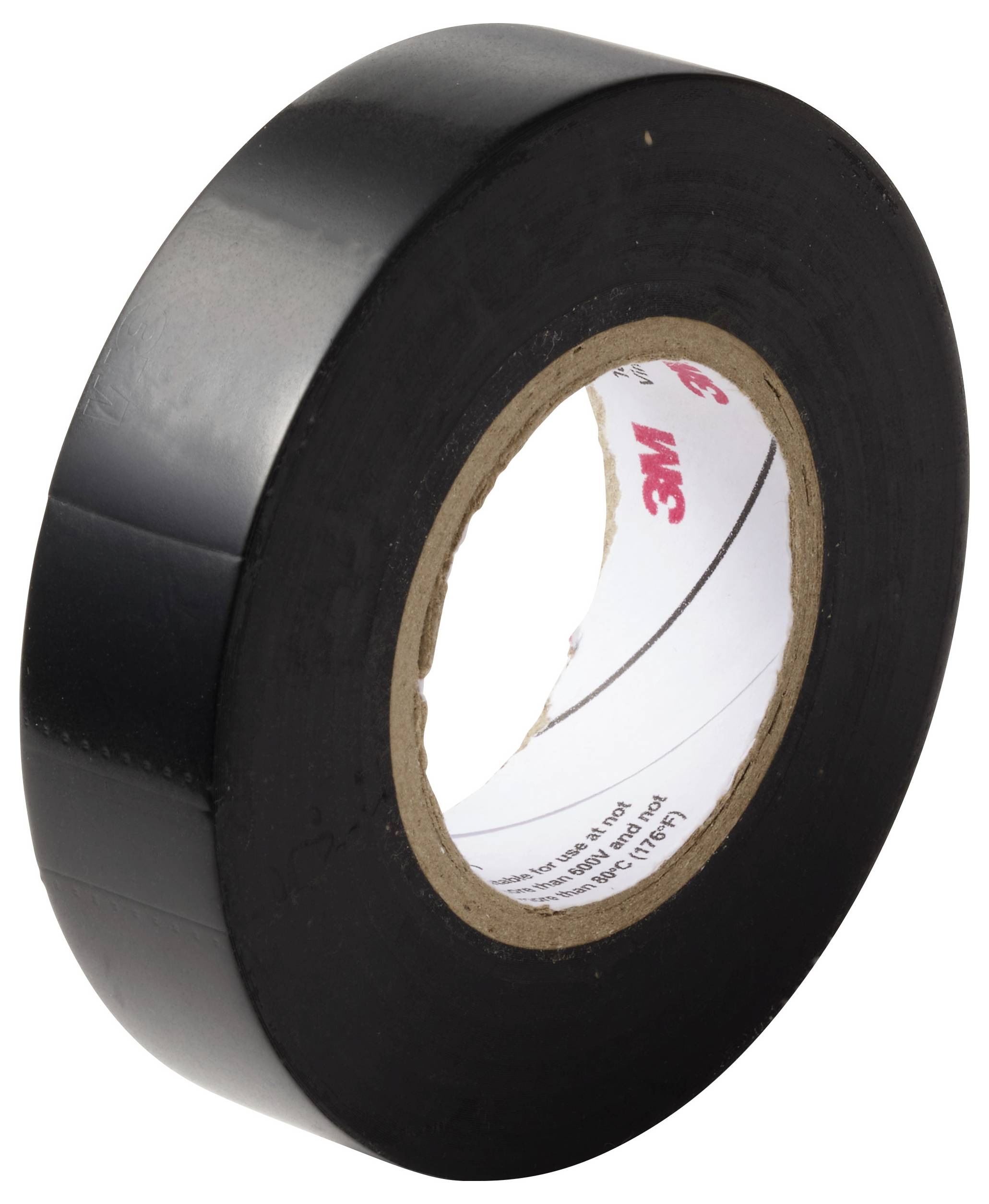 En rulle svart elektrisk tejp med en vit inre etikett med röd "3M"-märkning.