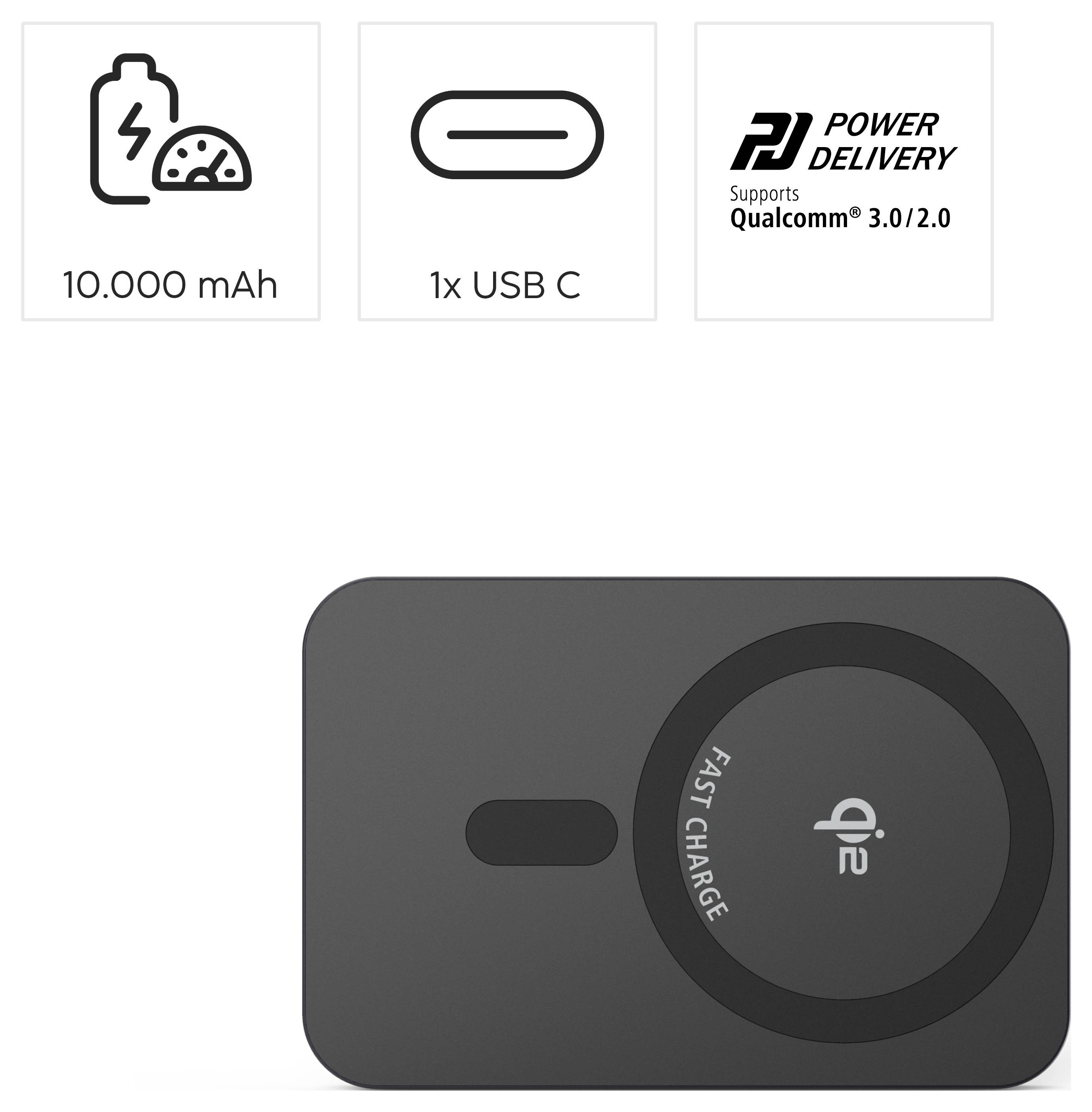 En svart rektangulär powerbank med 'SNABBLADDNING' tryckt på, utrustad med trådlös laddning, 10 000 mAh kapacitet, 1 USB-C-port och stöd för Quick Charge 3.0/2.0.