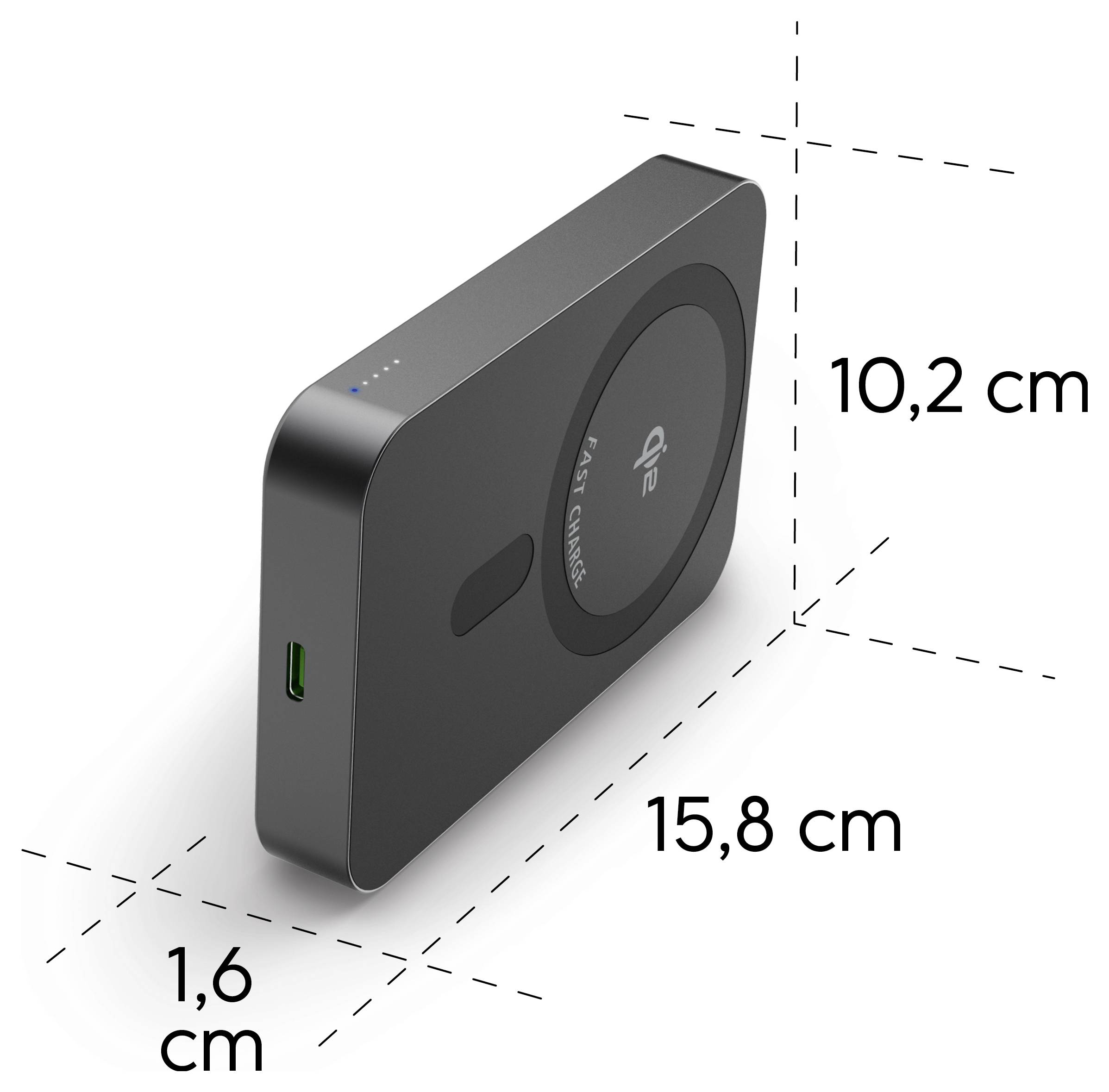 En svart trådlös snabbladdare med dimensioner: 10,2 cm hög, 15,8 cm bred och 1,6 cm tjock, utrustad med en grön port.