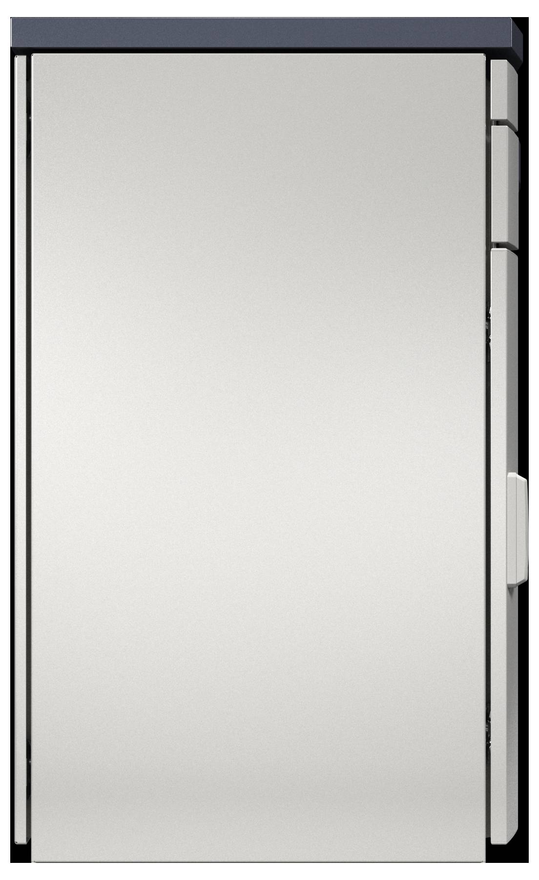 En silverfärgad industriell kylskåp med en solid dörr och handtag, vilket antyder en robust och säker design, lämplig för förvaringsändamål.