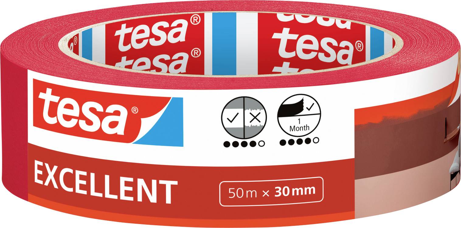 En rulle röd Tesa-tejp märkt "EXCELLENT", mätande 50m x 30mm. Symboler indikerar stark vidhäftning och 1 månads hållbarhet.