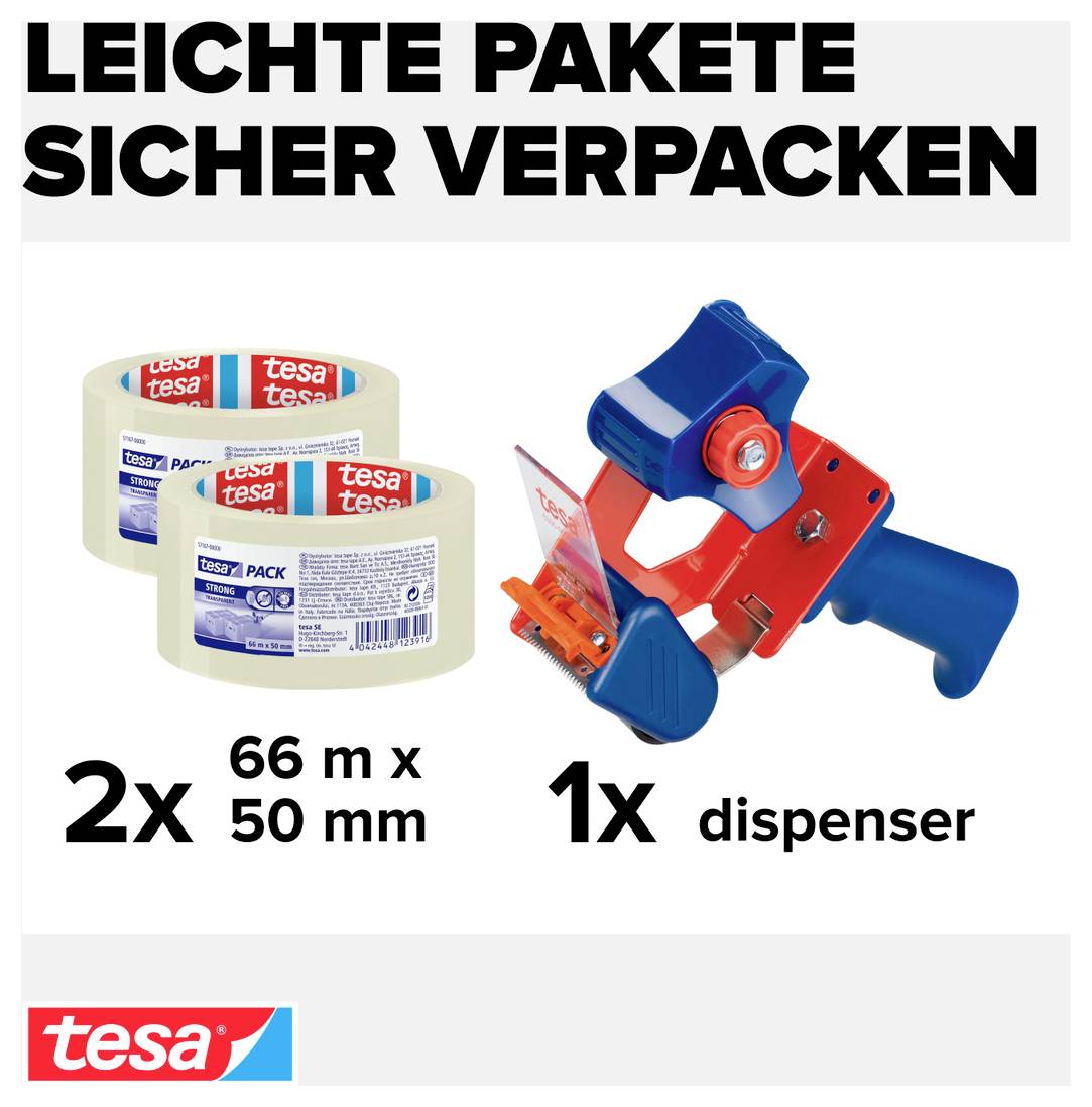 Reklam för säker förpackning: 2 tejprullar 66 m x 50 mm och 1 dispenser, med tesa-logotyp och text 'LÄTTA PAKET SÄKERT FÖRPACKADE'.