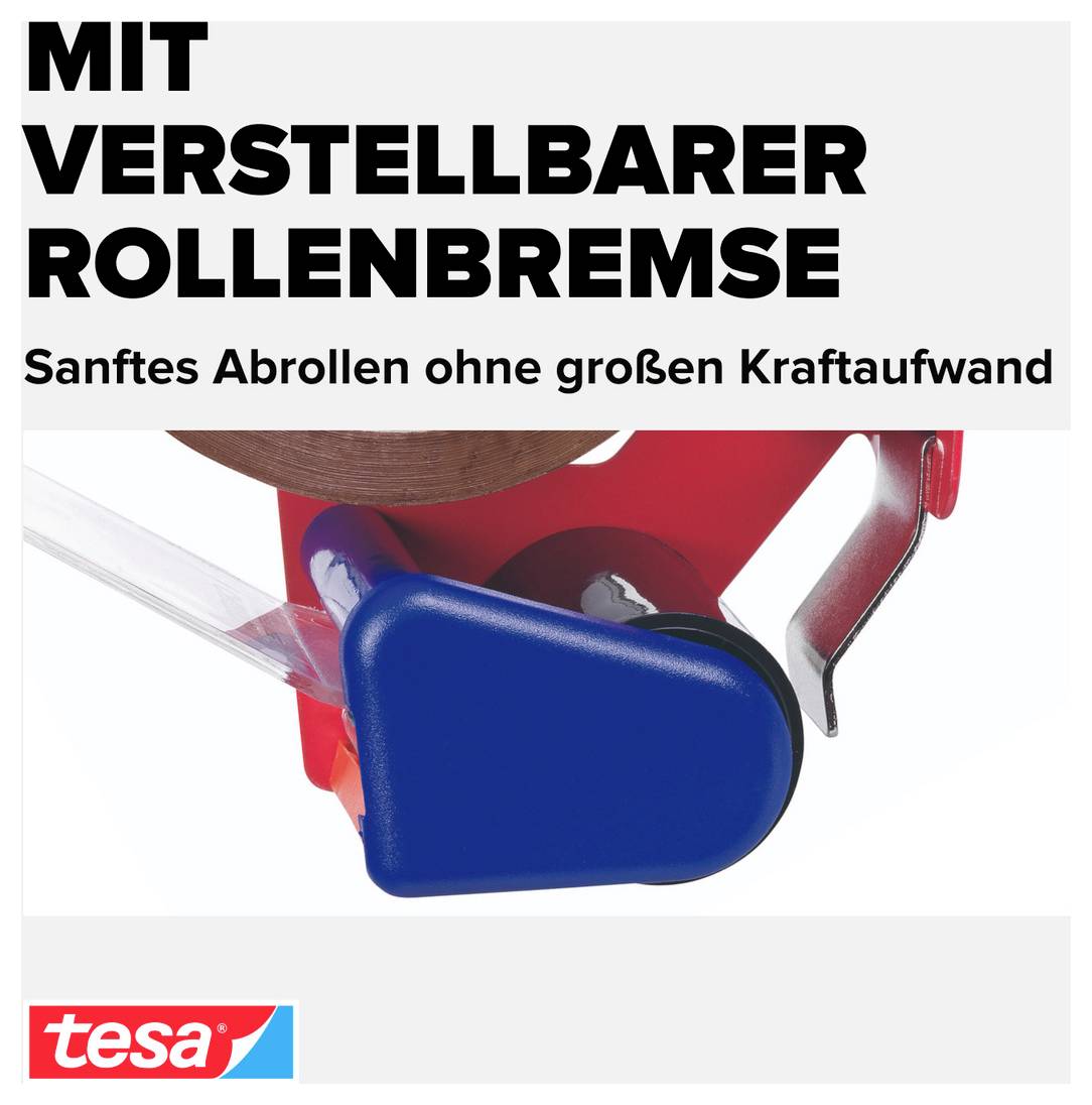 Werbebild för tesa: justerbar rullbroms på en tejprulla som möjliggör mjuk avlindning utan större kraftansträngning.