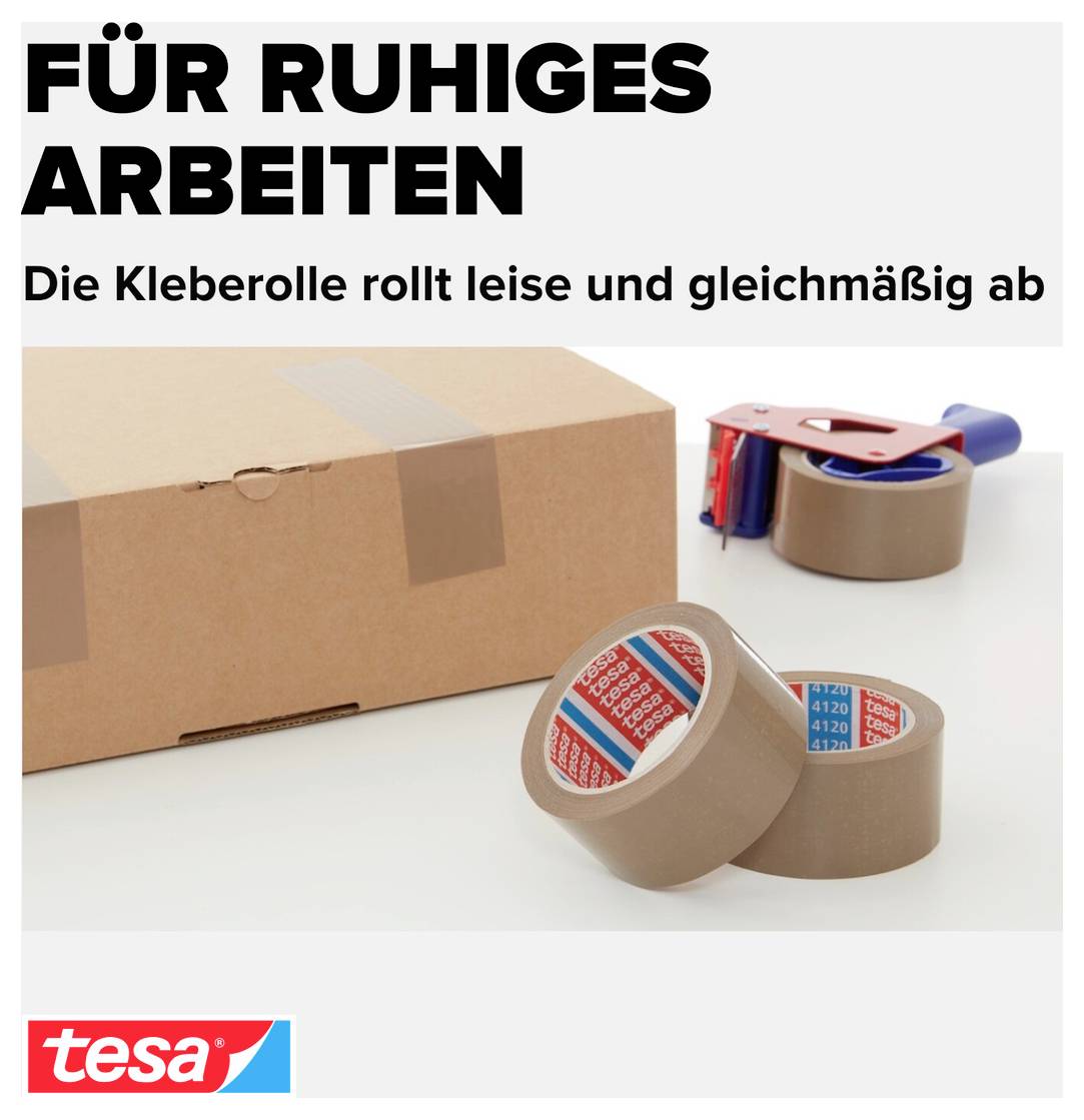 Reklam för tesa-packband: "För lugnt arbete", tejprullen rullas av tyst och jämnt; med kartong, tejrulle och packbandsrullar.