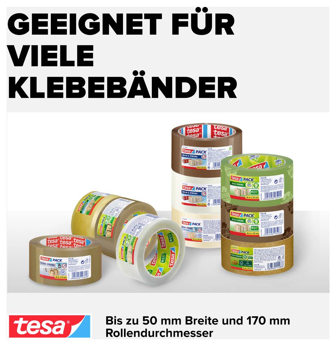 Reklamgrafik: 'Lämplig för många tejpsorter' med flera tesa-tejprullar; upp till 50 mm bredd och 170 mm rullatmeter.