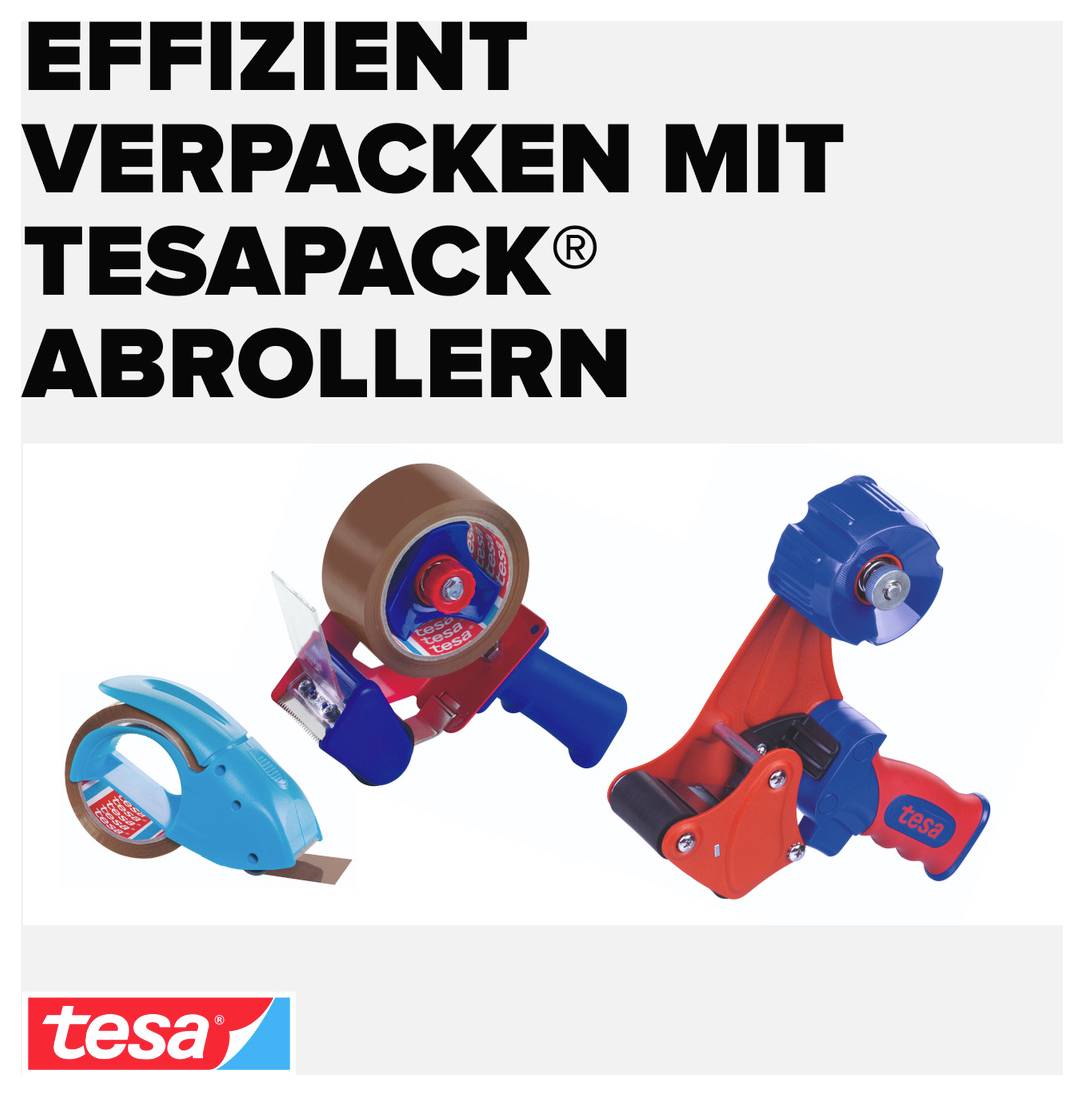 Annons för Tesapack-avroller: tre färgade förpackningstejp-avroller och texten "Packa effektivt med Tesapack® avroller" samt tesa-logotypen.