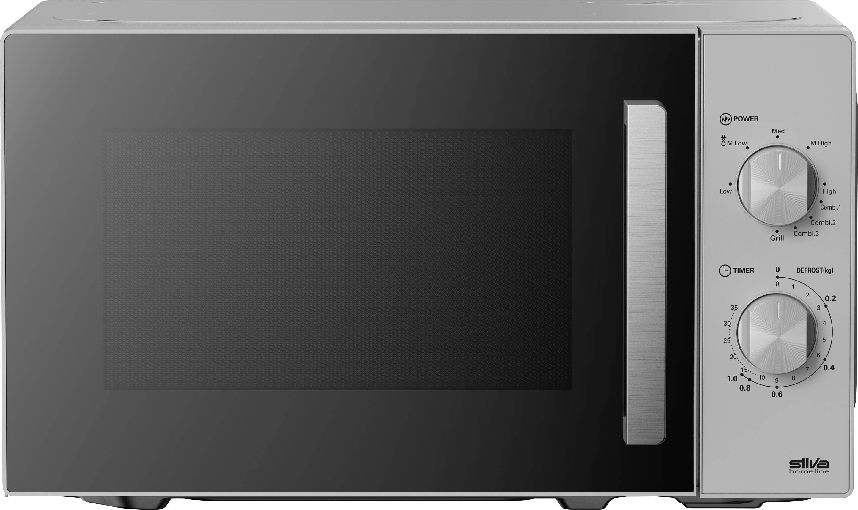 En silverfärgad mikrovågsugn med två kontrollvred på höger sida, märkta för effektinställningar och timer.