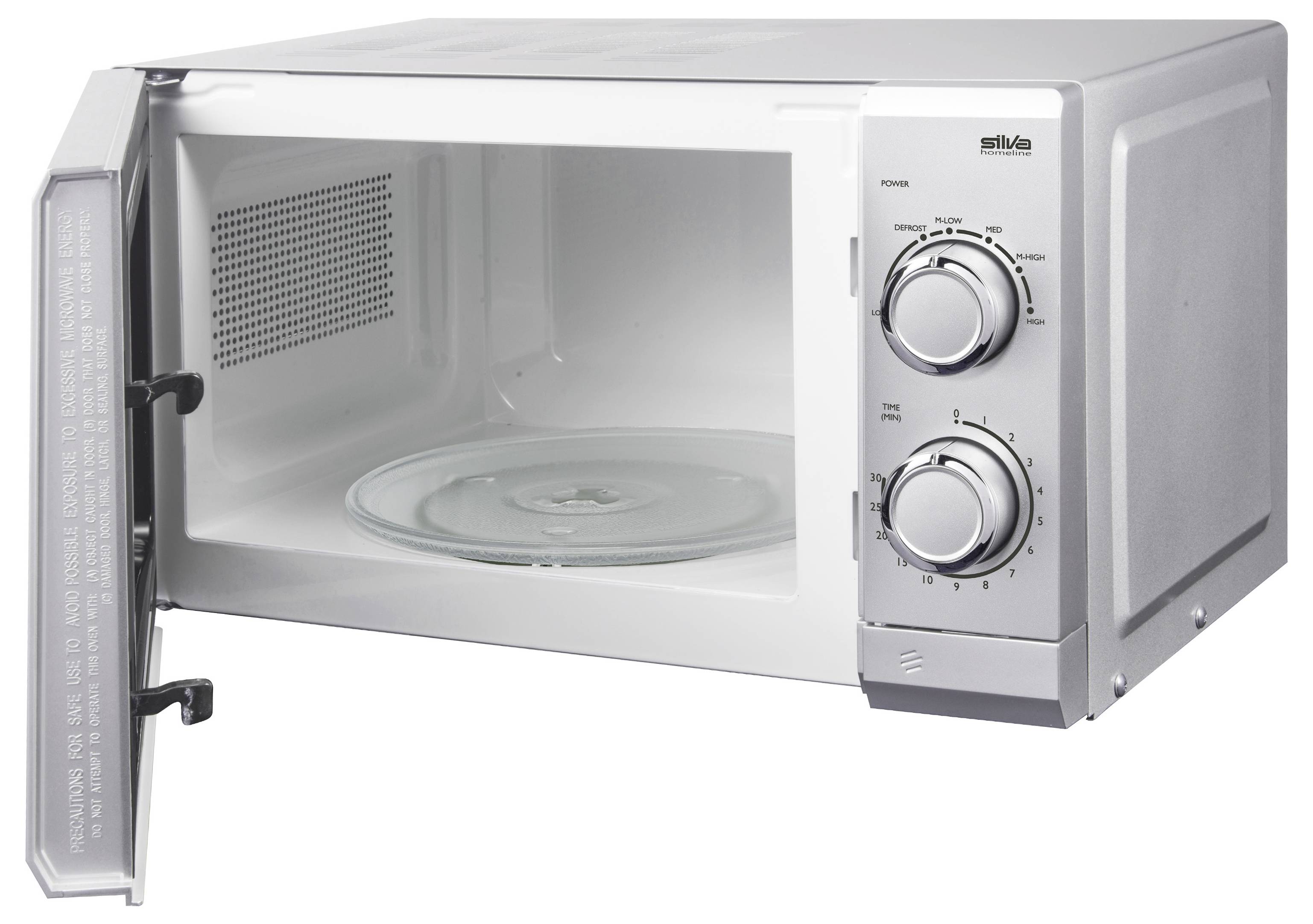 En mikrovågsugn med två kontrolltrattar för att ställa in tid och effekt, visad med luckan öppen, som avslöjar den glaserade roterande tallriken inuti.