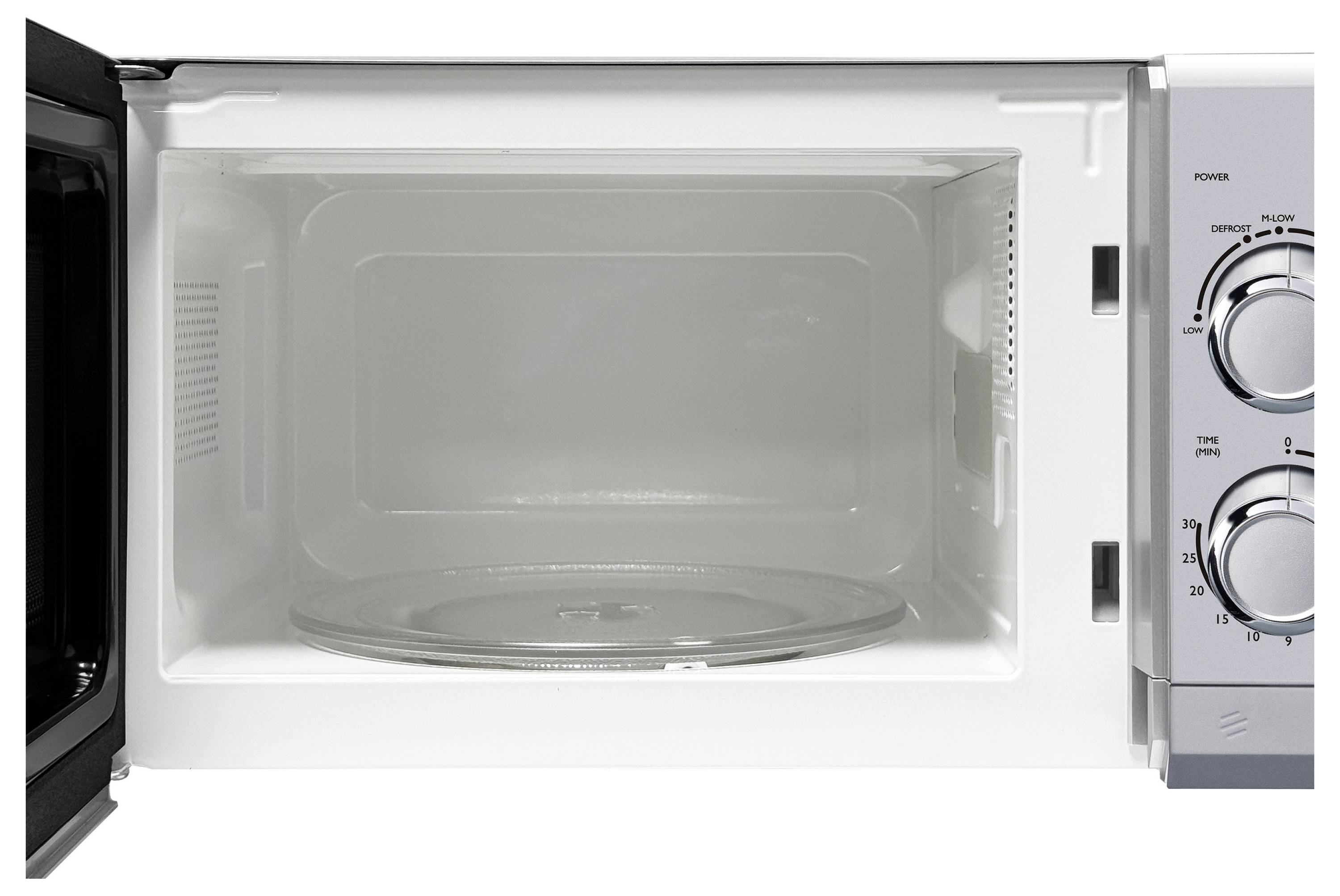 Bilden visar mikrougnens öppna interiör med reglage på höger sida för effekt- och tidsinställningar.