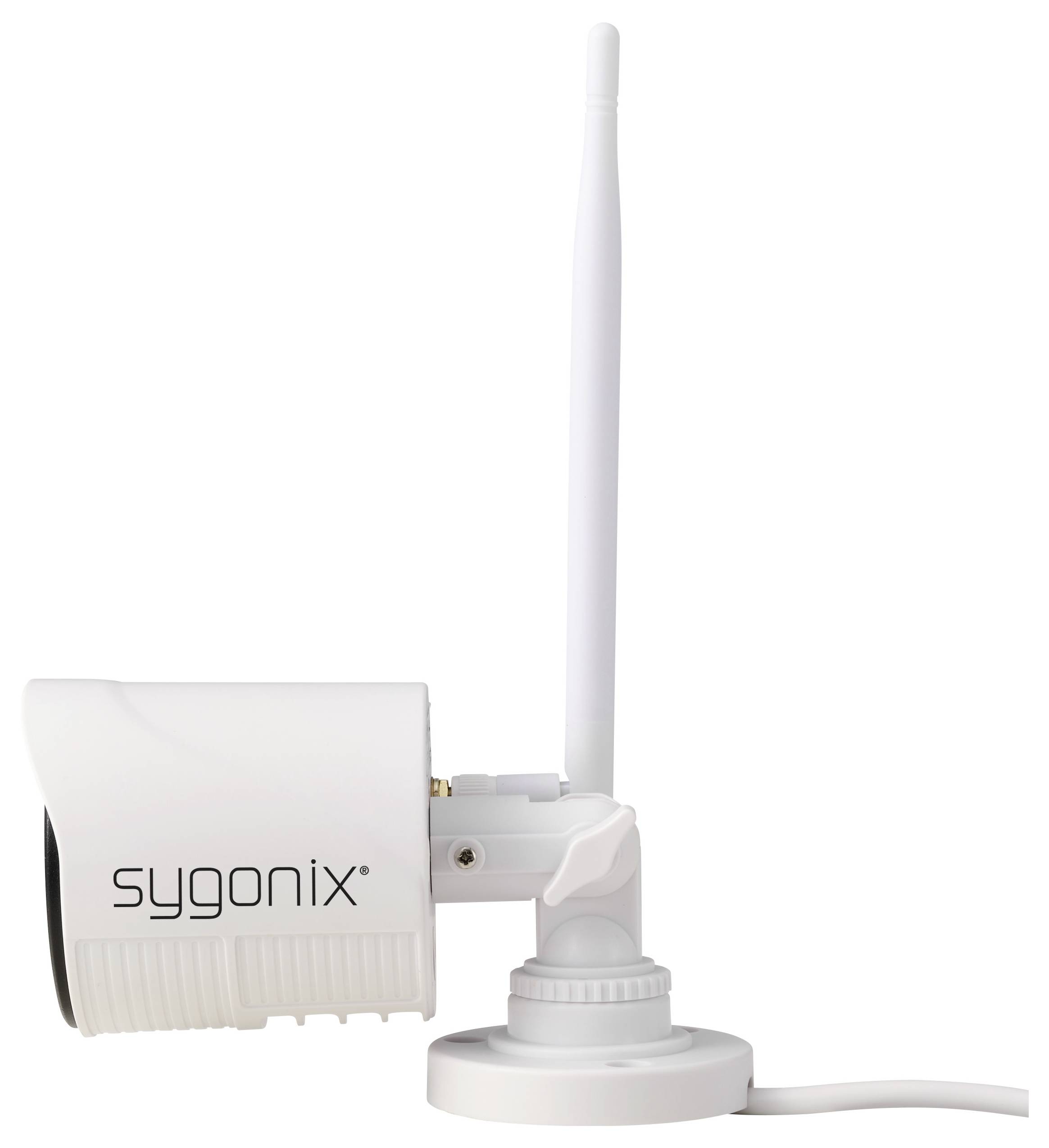Vit Sygonix trådlös antennkamera på stativ, med en lång vertikal antenn och inkopplad strömkabel.