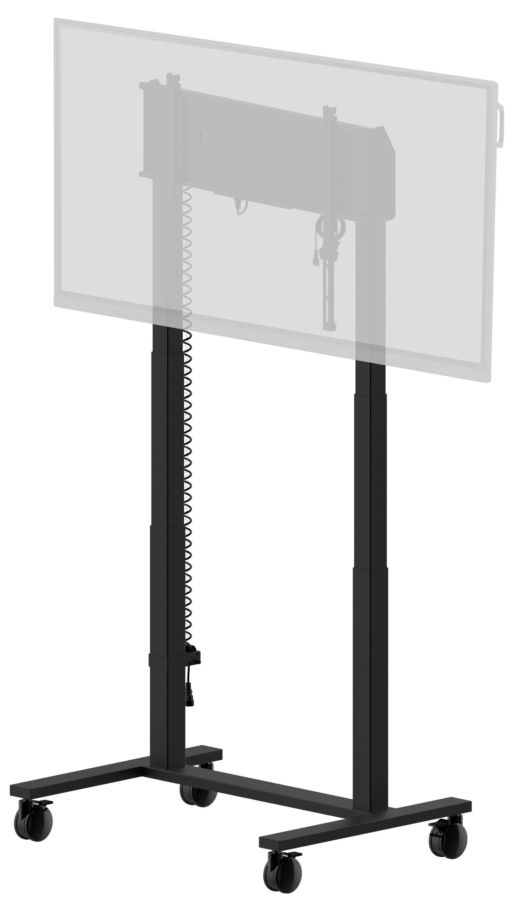 Mobil TV-ställning på hjul, utrustad med ett robust stativ med justerbara fästen för olika skärmstorlekar. Inkluderar kabelhantering.