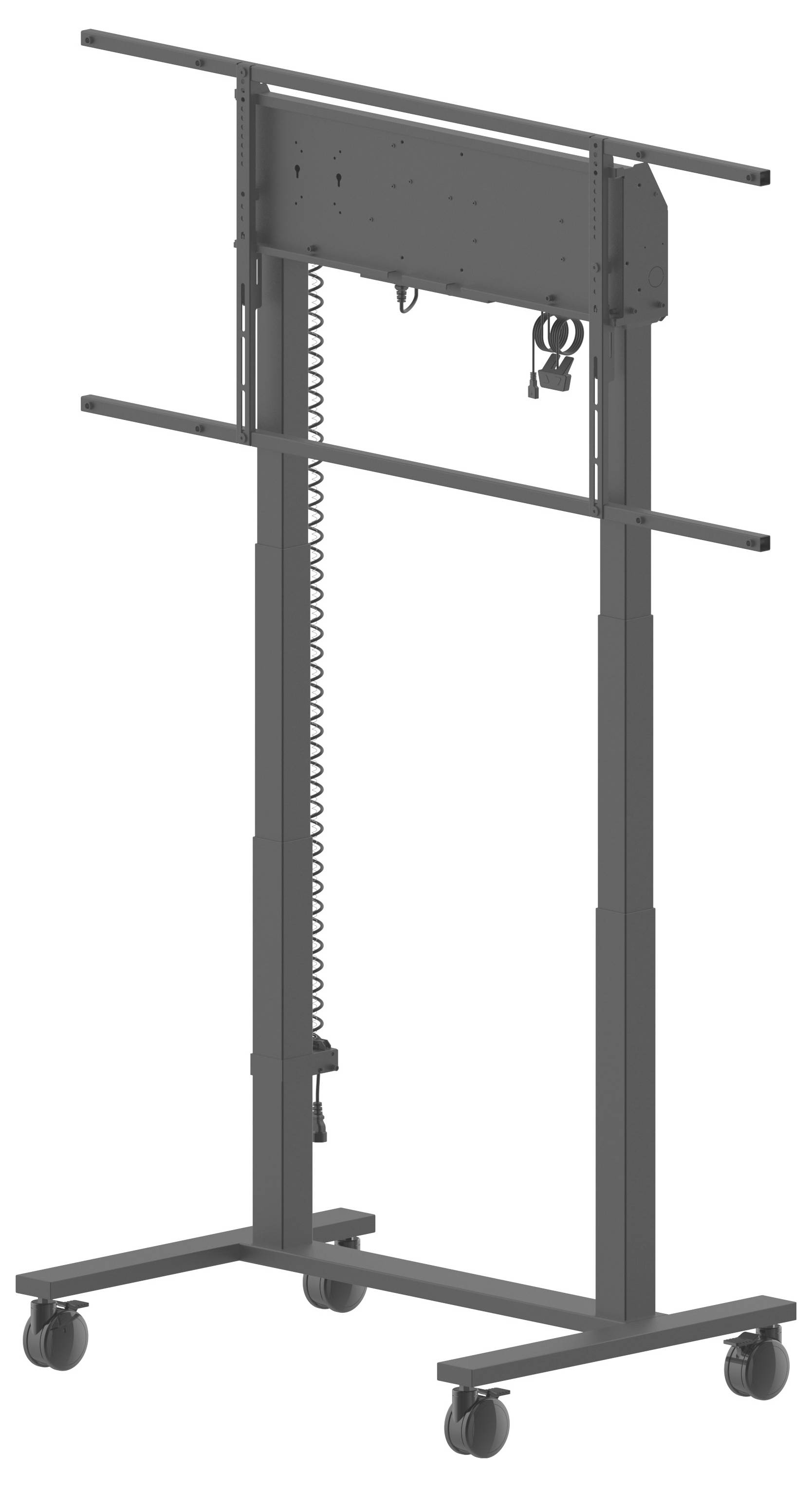 En mobil TV-stativ med vertikal design, metallram och monterade hjul. Den har justerbar höjd och inbyggt kabelhanterings­system.
