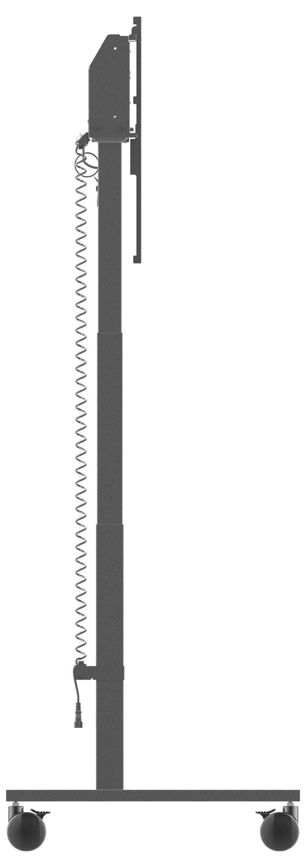 Sidovy av ett mobilt stativ med justerbar höjd, monterat på hjul och utrustat med en spiralkabel för anslutning eller strömförsörjning.