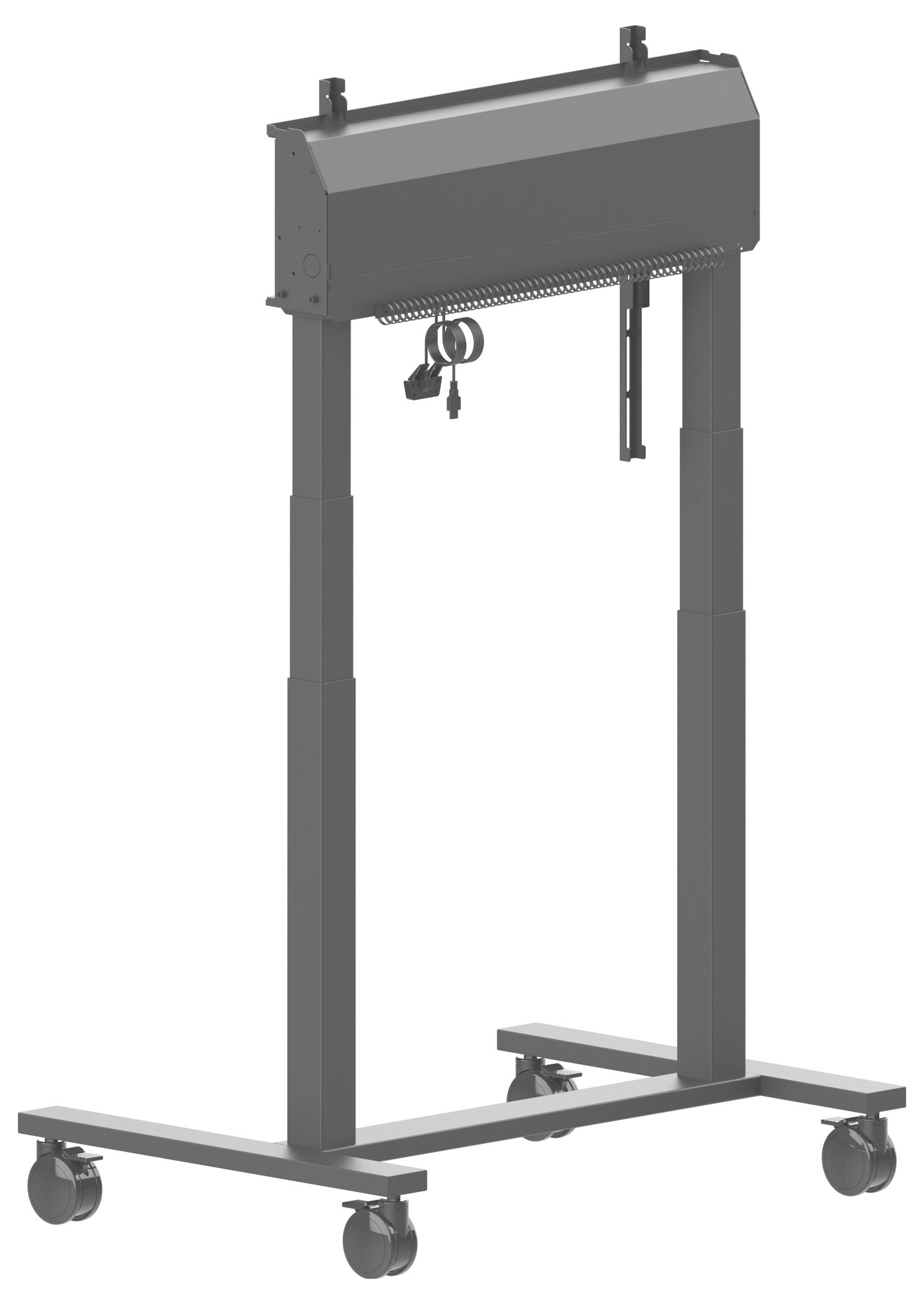 Justerbart höjdstativ på hjul med hängstång och nycklar; används för att hålla eller transportera utrustning.