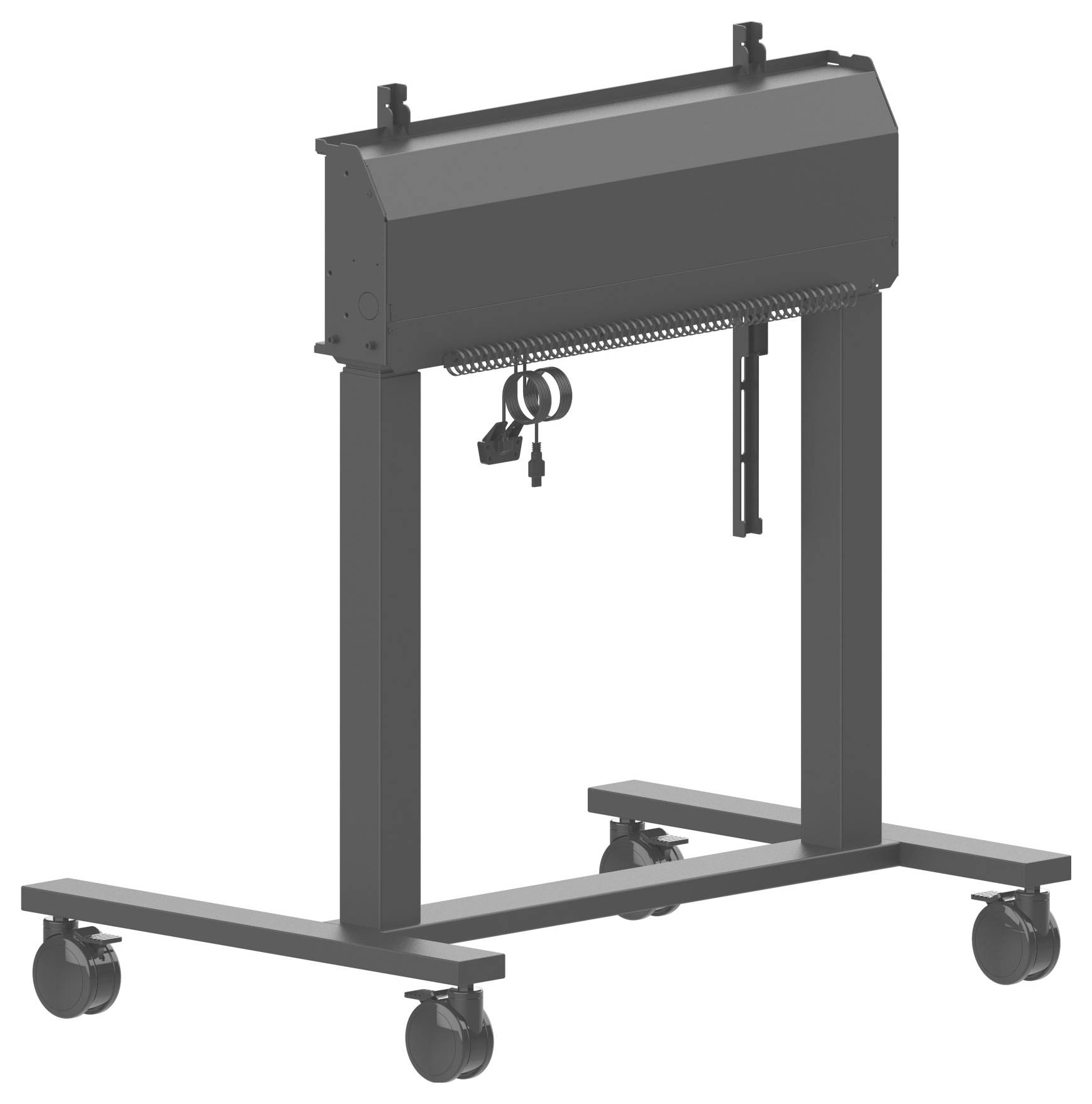 Ett mobilt golvstativ med fyra hjul, som stöder en lutbar ram avsedd för montering av utrustning, med en hängande kabel undertill.