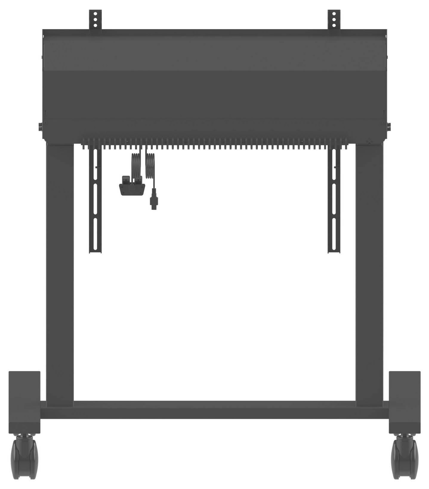 Ett svart, hjulförsett vertikalt lyftbord med ett handtag för höjdjustering, sett framifrån.