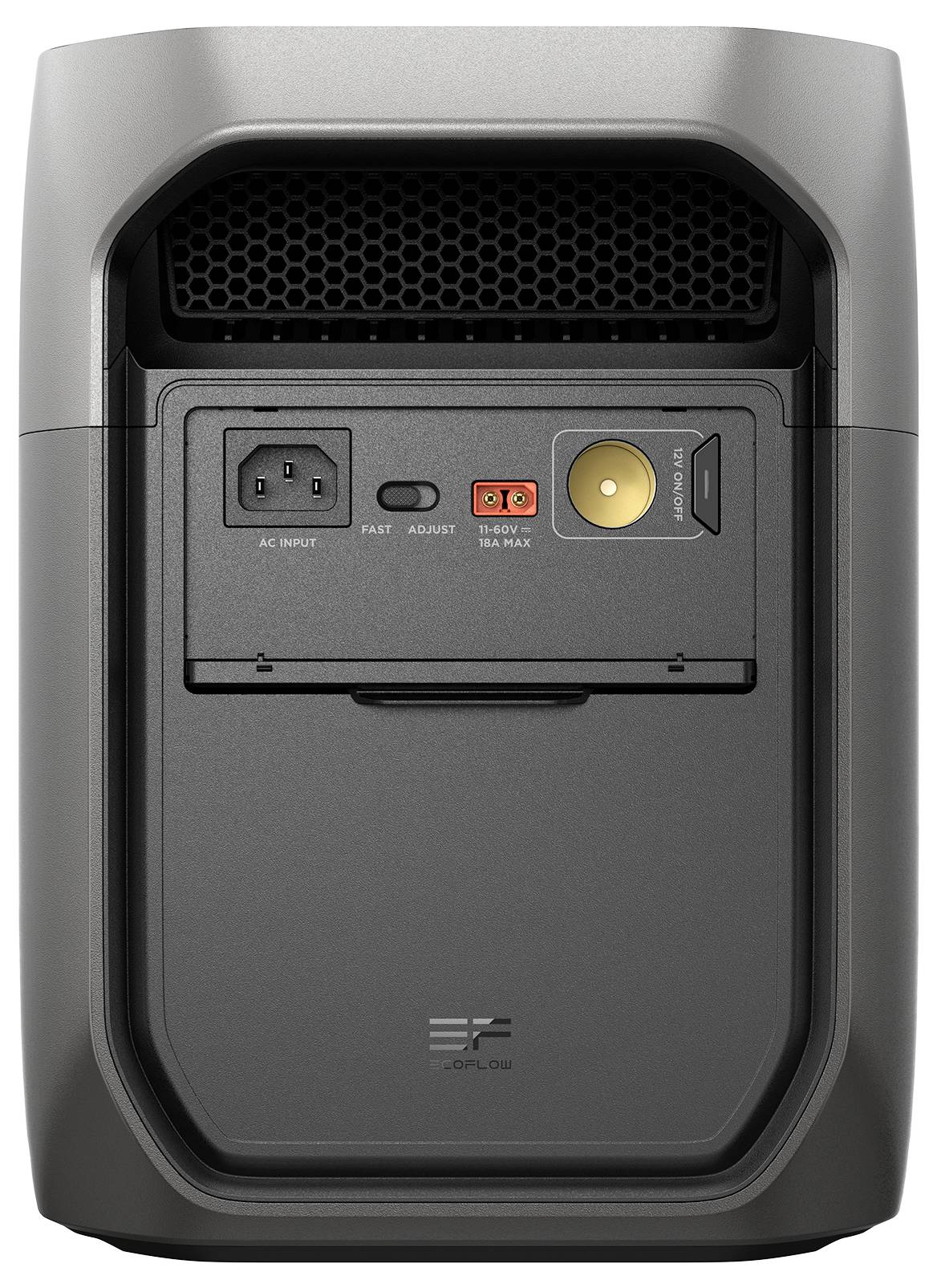 Hushållsapparat eller elektronisk enhet, sedd framifrån med strömingång, reglage och anslutningsport.