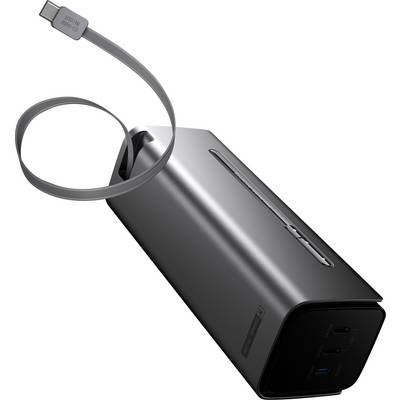 En smidig bärbar hårddisk med en ansluten USB-C-kabel, utrustad med en minimalistisk svart och silver design.