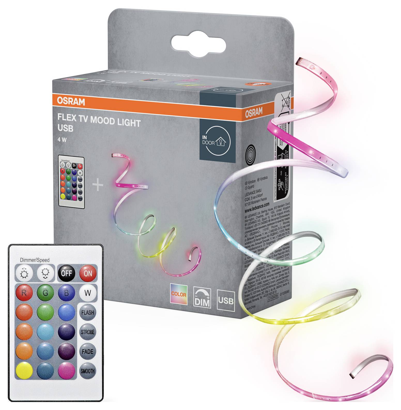Osram Flex TV Stämningsbelysning USB, förpackning med en flexibel, mångfärgad LED-remsa och en fjärrkontroll med olika färg- och ljusstyrkinställningar.