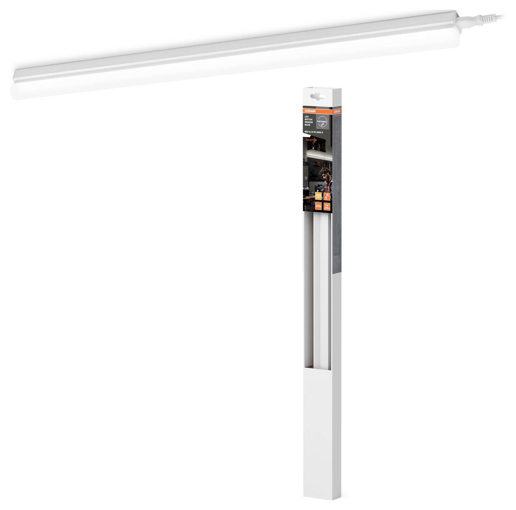 En vit LED-remsa med tillhörande strömkabel, visad bredvid sin förpackning.