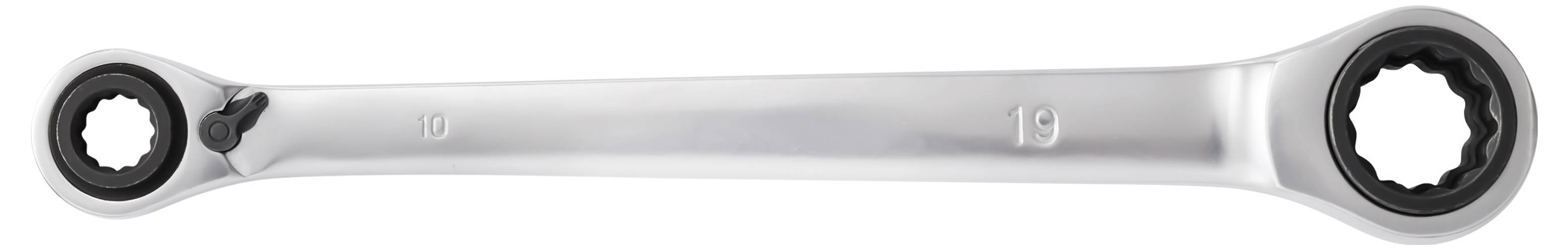 En dubbeländad skiftnyckelvind med en 19mm-hylsa på varje ände, designad för att dra åt eller lossa muttrar och bultbult.