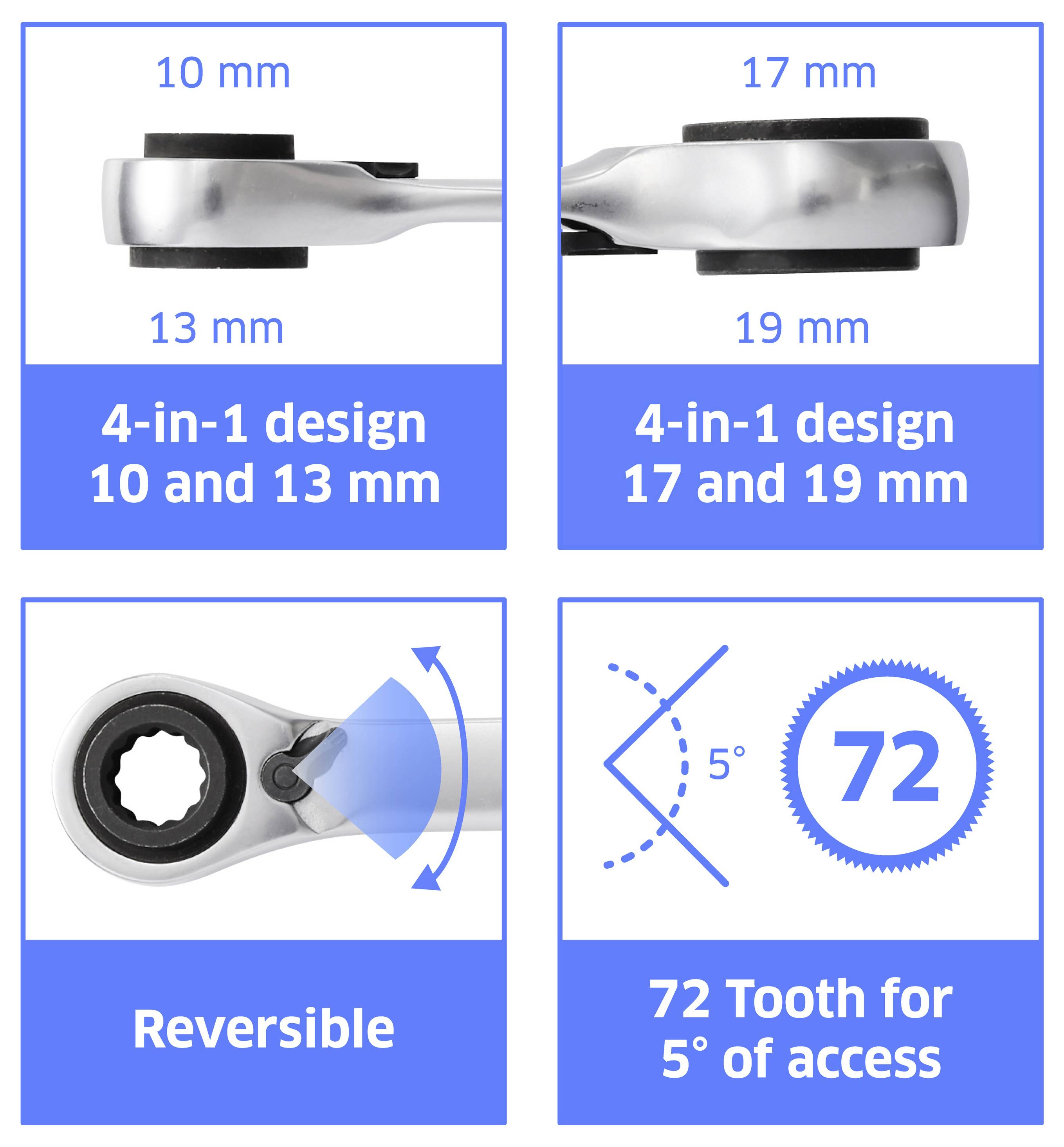 "4-i-1-design" skiftnyckel som visar alternativ för 10, 13, 17 och 19 mm storlekar. Har reversibel funktion och 72-tand för 5° åtkomst.