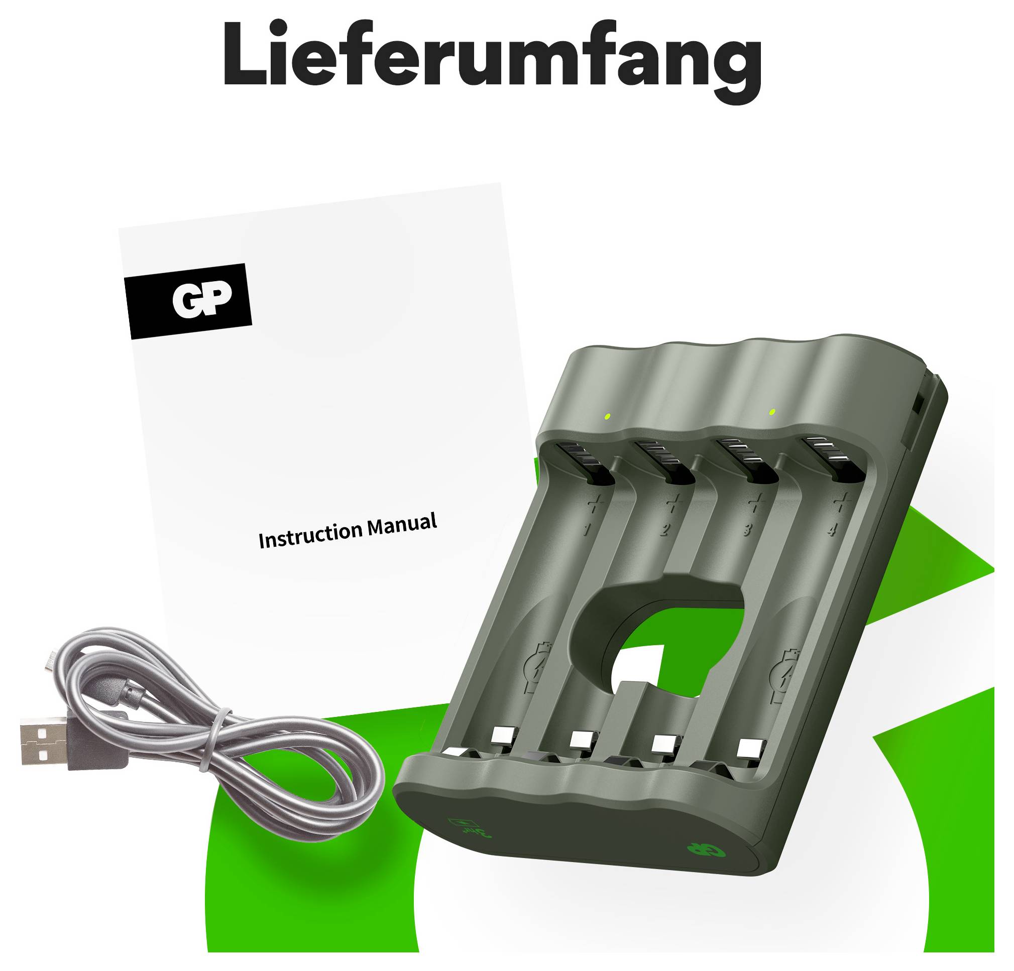 Batteriladdare med fyra platser och grönt ljus, USB-kabel och bruksanvisning bredvid varandra på vit bakgrund.