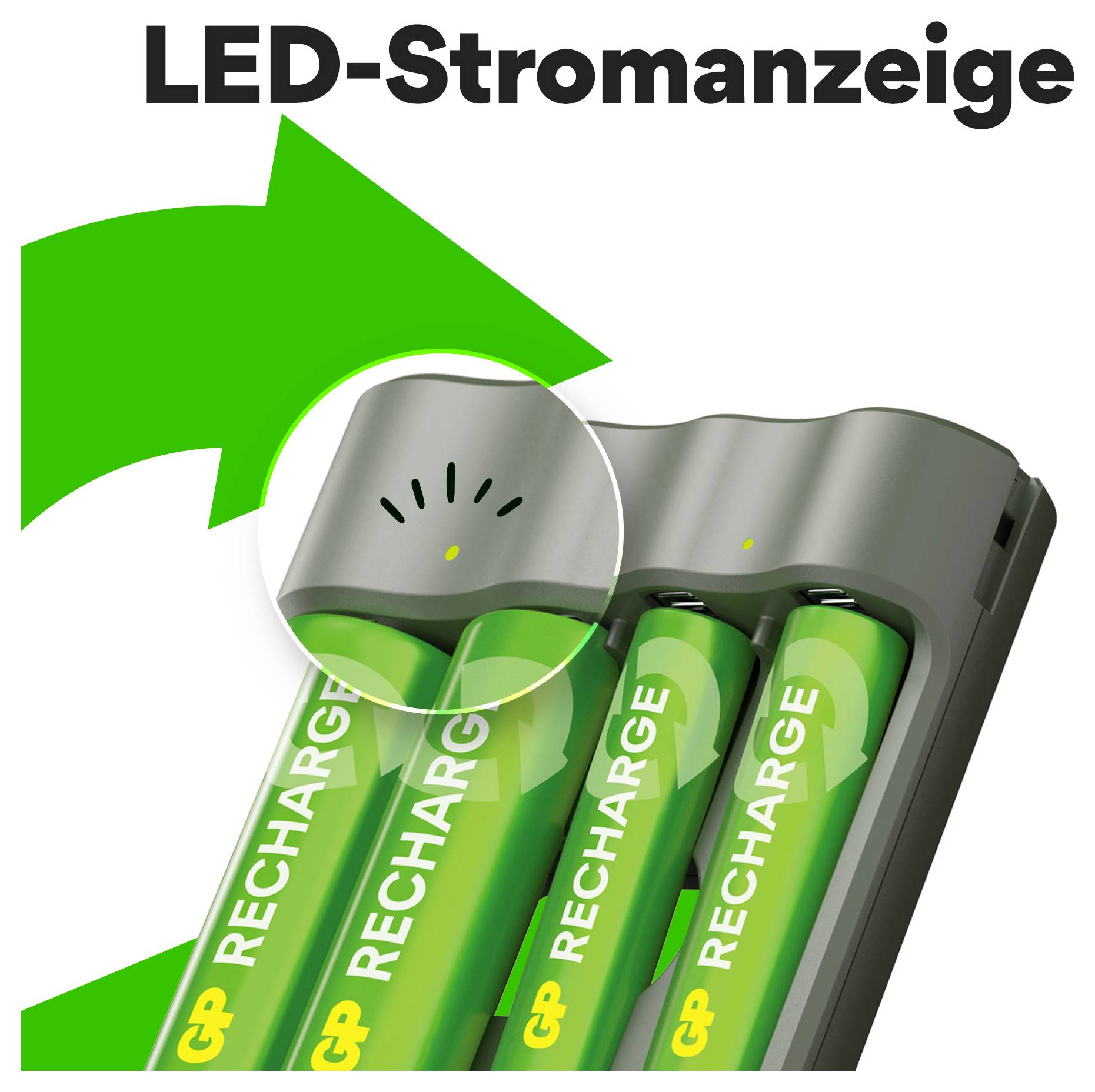 LED-strömindikator: Tre laddningsbara gröna batterier i laddaren. Grönt betyder fulladdat, gult laddar, rött betyder tomt.