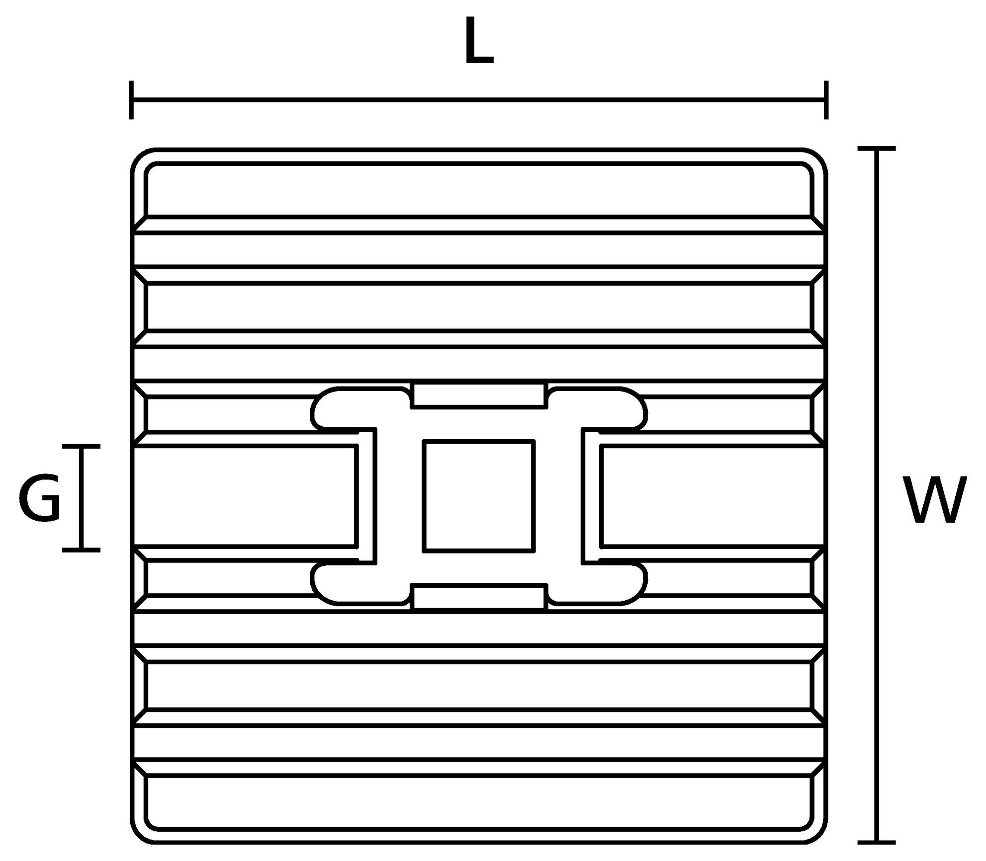 Illustration av ett böjt, räfflat metallark med en central upphöjd rektangulär konsol på toppen.