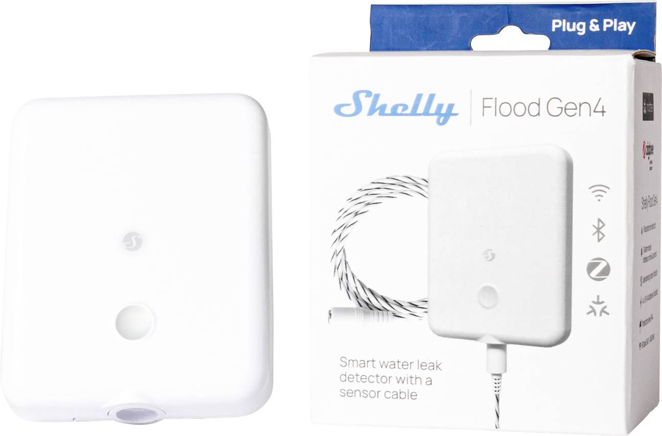 "Shelly Flood Gen4" smart vattenläckagedetector med sensorslang visad bredvid sin förpackning. Lådan framhäver plug & play-funktionen.