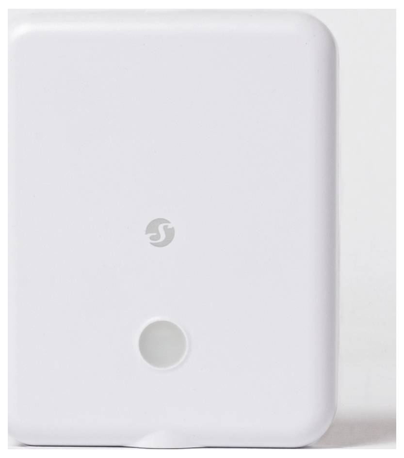 En vit rektangulär enhet med en liten cirkulär sensor längst ned och en logotyp i mitten, mot en enkel bakgrund.