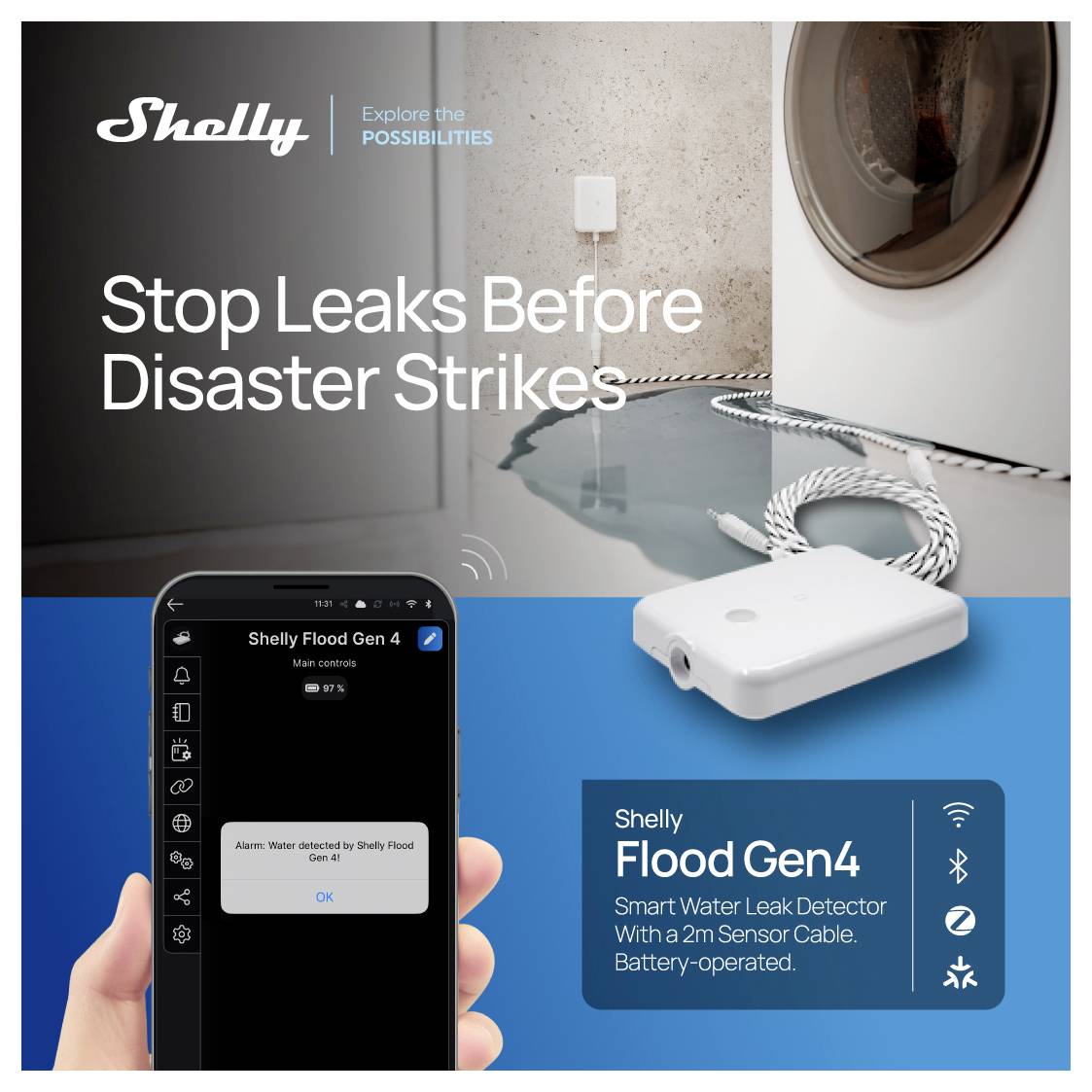 "Stoppa läckor innan katastrofen inträffar" står ovanför en vattensensor på golvet. En hand håller en telefon som visar en varning. Texten nämner "Shelly Flood Gen4" som en smart vattenläckagedetector.