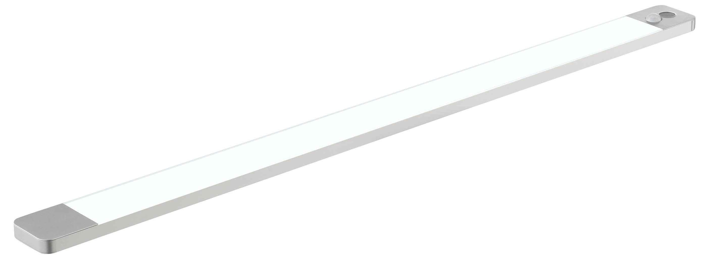 Lång, smal LED-ljuslist med en silverram, utrustad med en cirkelformad på/av-knapp i ena änden.