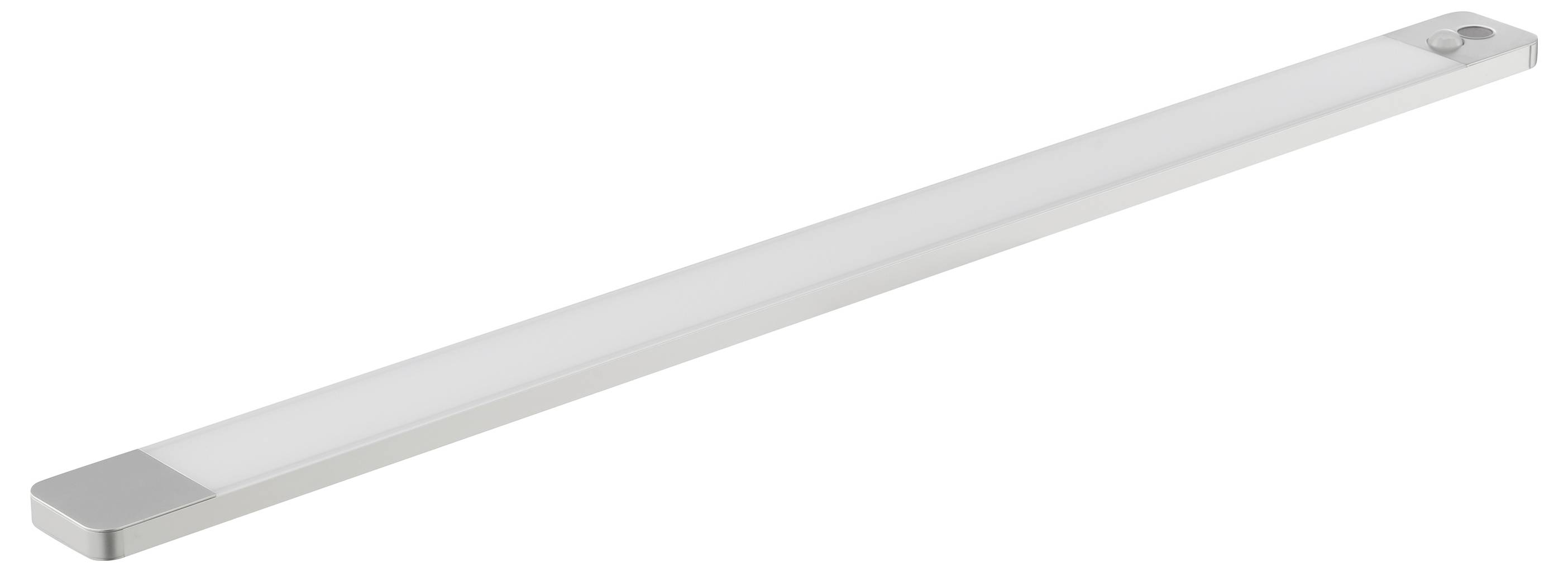 En smal, avlång LED-ljuslist avsedd för montering under skåp, utrustad med ett frosterat skydd och en metallisk finish med en strömknapp på ena änden.