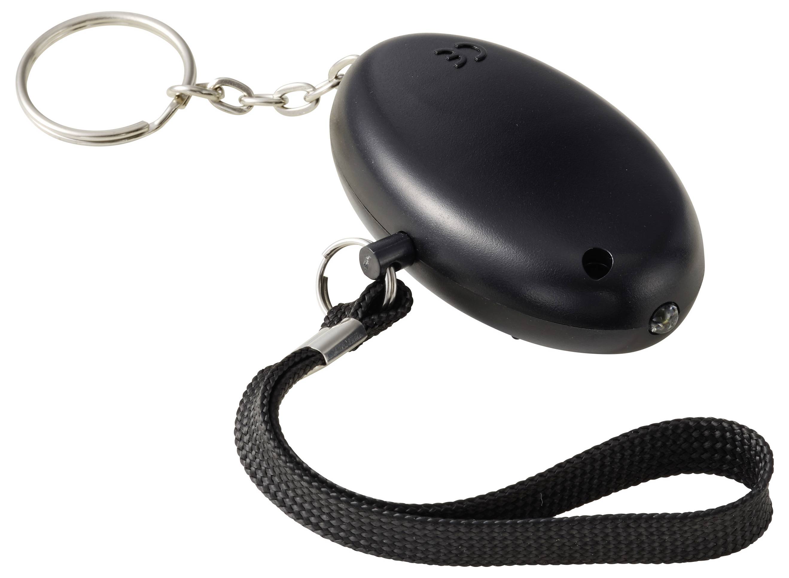 Svart oval nyckelring för fjärrnycklar eller alarmklocka med metallnyckelring och flätad handledsrem på vit bakgrund.