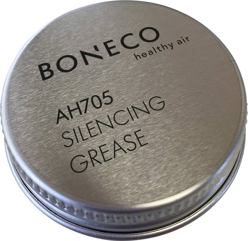 Rund metallbehållare märkt 'BONECO healthy air AH705 Silencing Grease'. Används för att minska buller i luftutrustning.