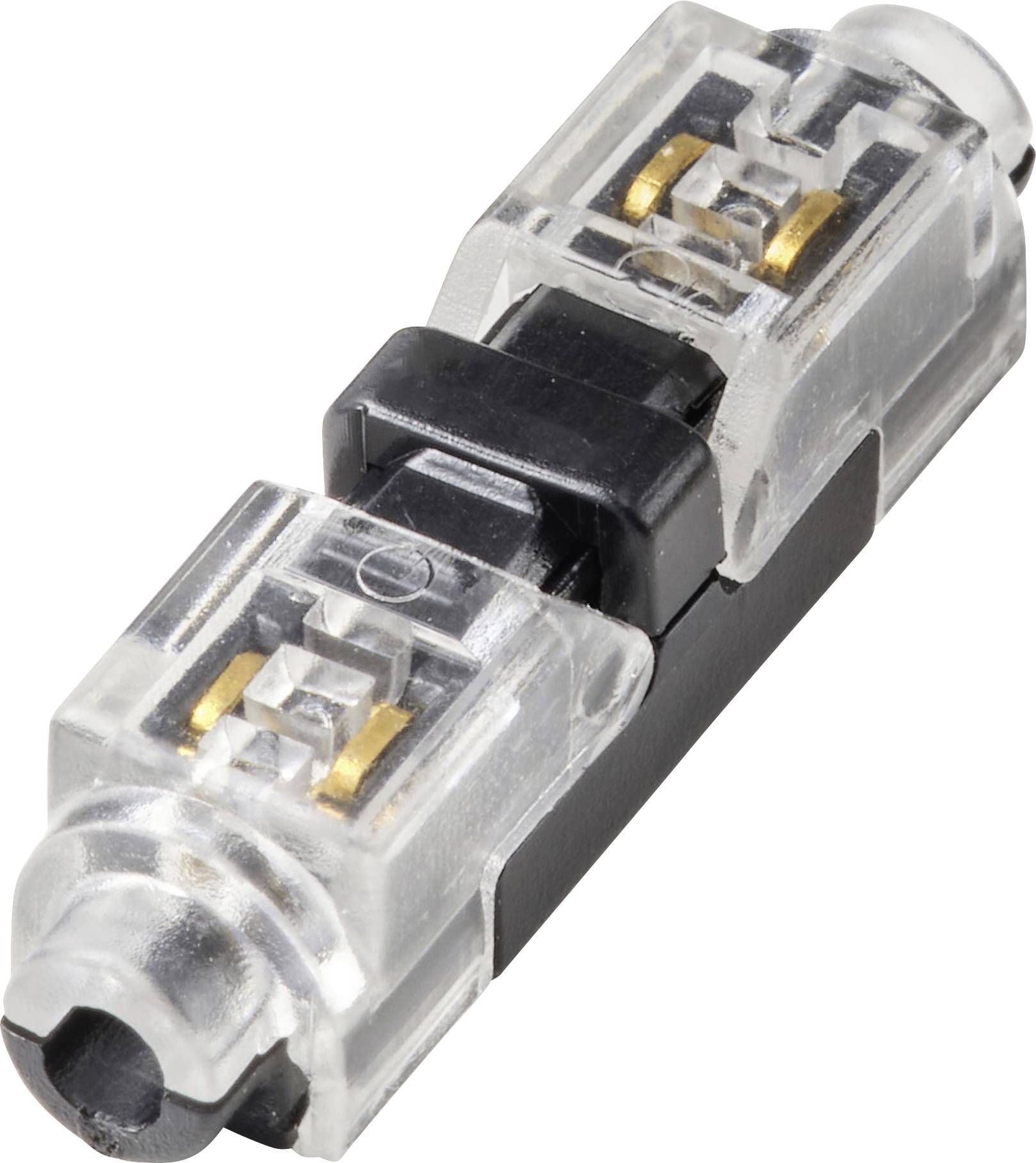 En transparent infälld elektrisk koppling med kopparchefer och svart isoleringsmaterial i mitten. Används för trådförbindning.