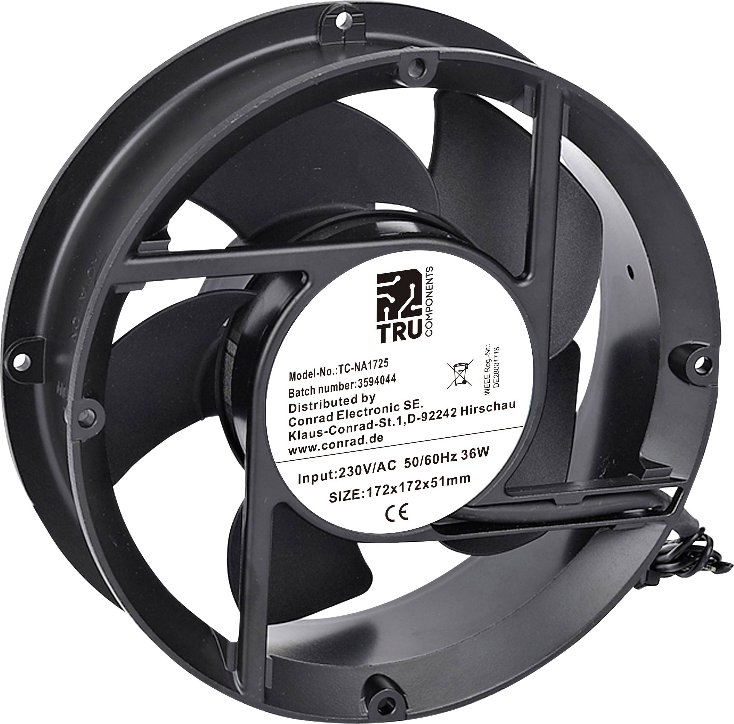 En svart industriell fläkt med en vit etikett på baksidan, som specificerar modell TC-NA1725, 230V/AC 50/60Hz 36W, storlek 172x172x51mm.